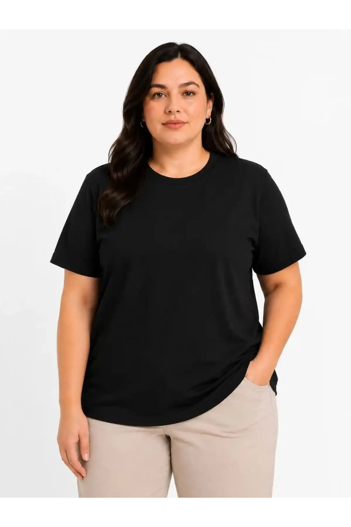 Kadın Battal Big Size Basic Tişört Bisiklet Yaka Rahat Kalıp T-Shirt - Siyah