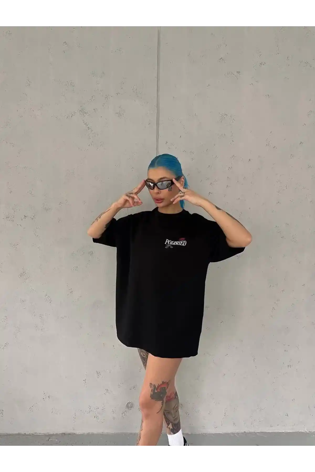 Kadın Bisiklet Yaka Baskılı kısa kol Oversize T-Shirt - Siyah
