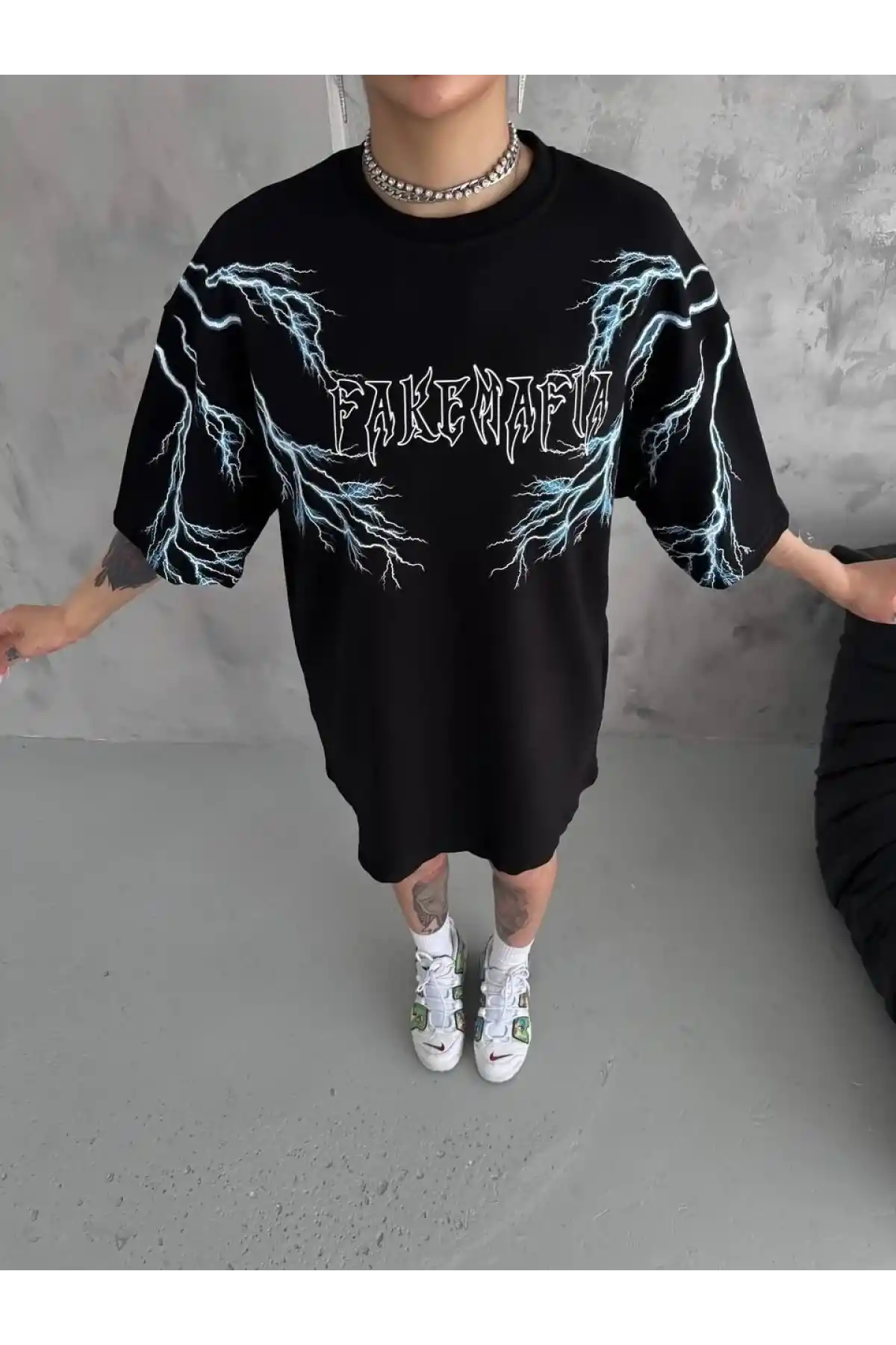 Kadın Bisiklet Yaka Baskılı  Kısa kol Oversize T-Shirt - Siyah