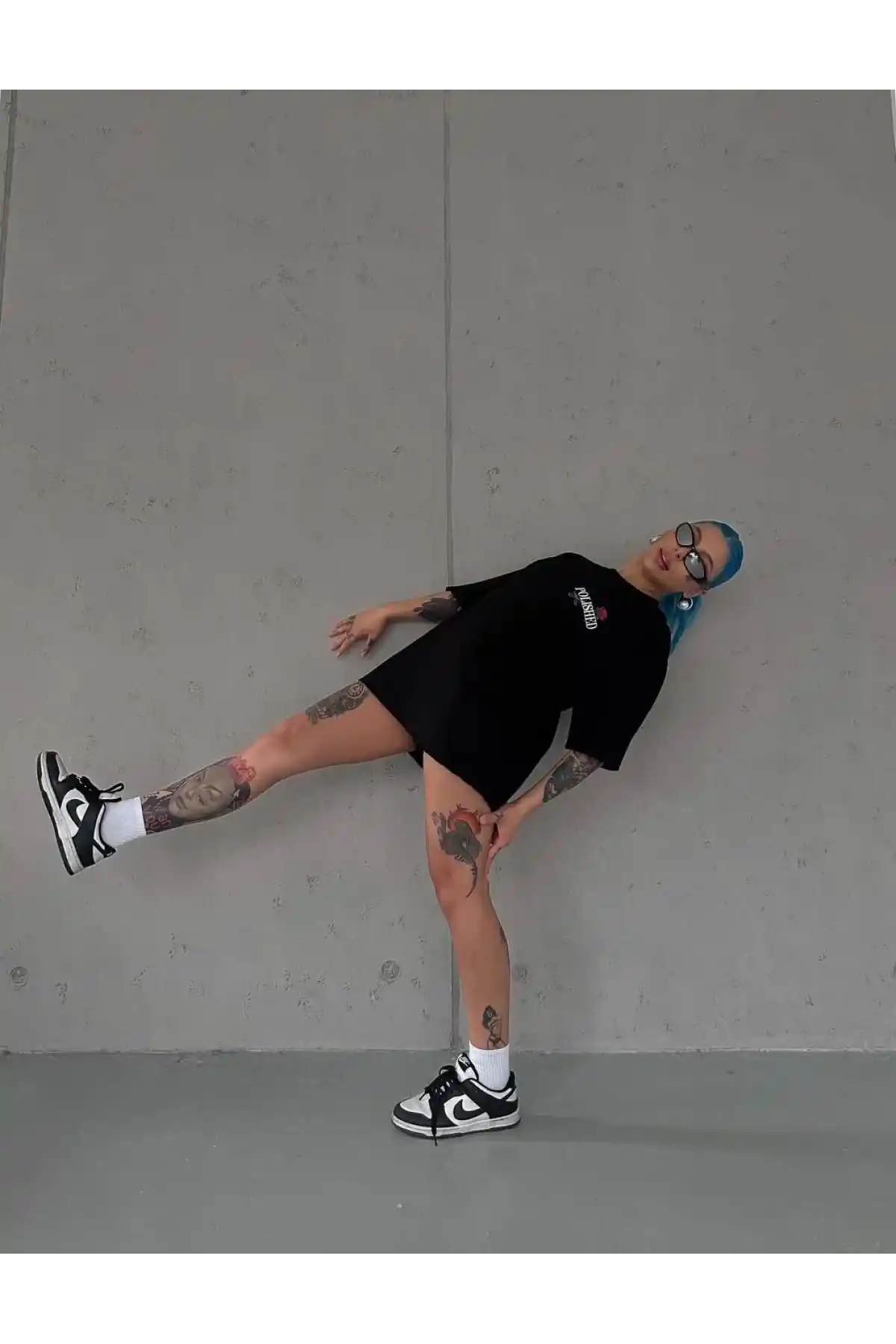 Kadın Bisiklet Yaka Baskılı kısa kol Oversize T-Shirt - Siyah