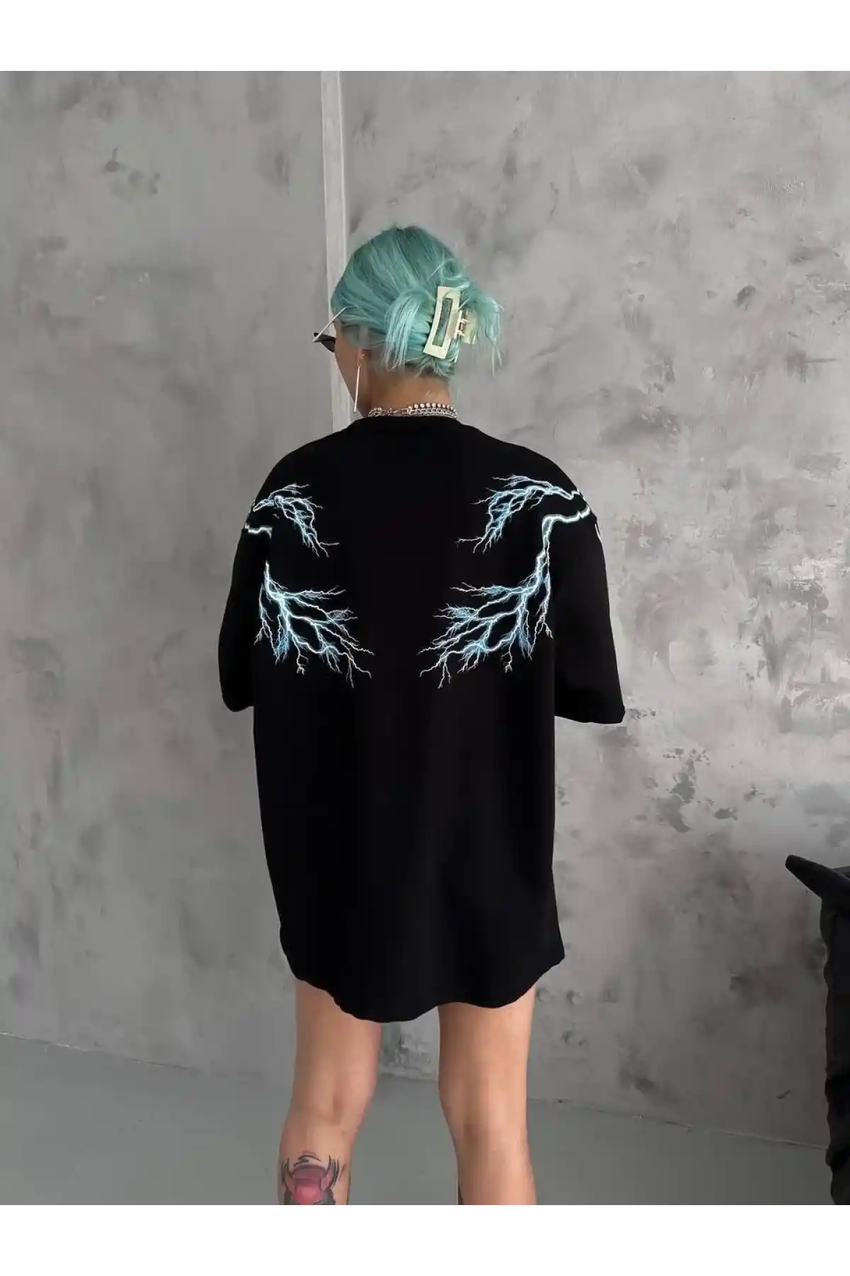 Kadın Bisiklet Yaka Baskılı  Kısa kol Oversize T-Shirt - Siyah