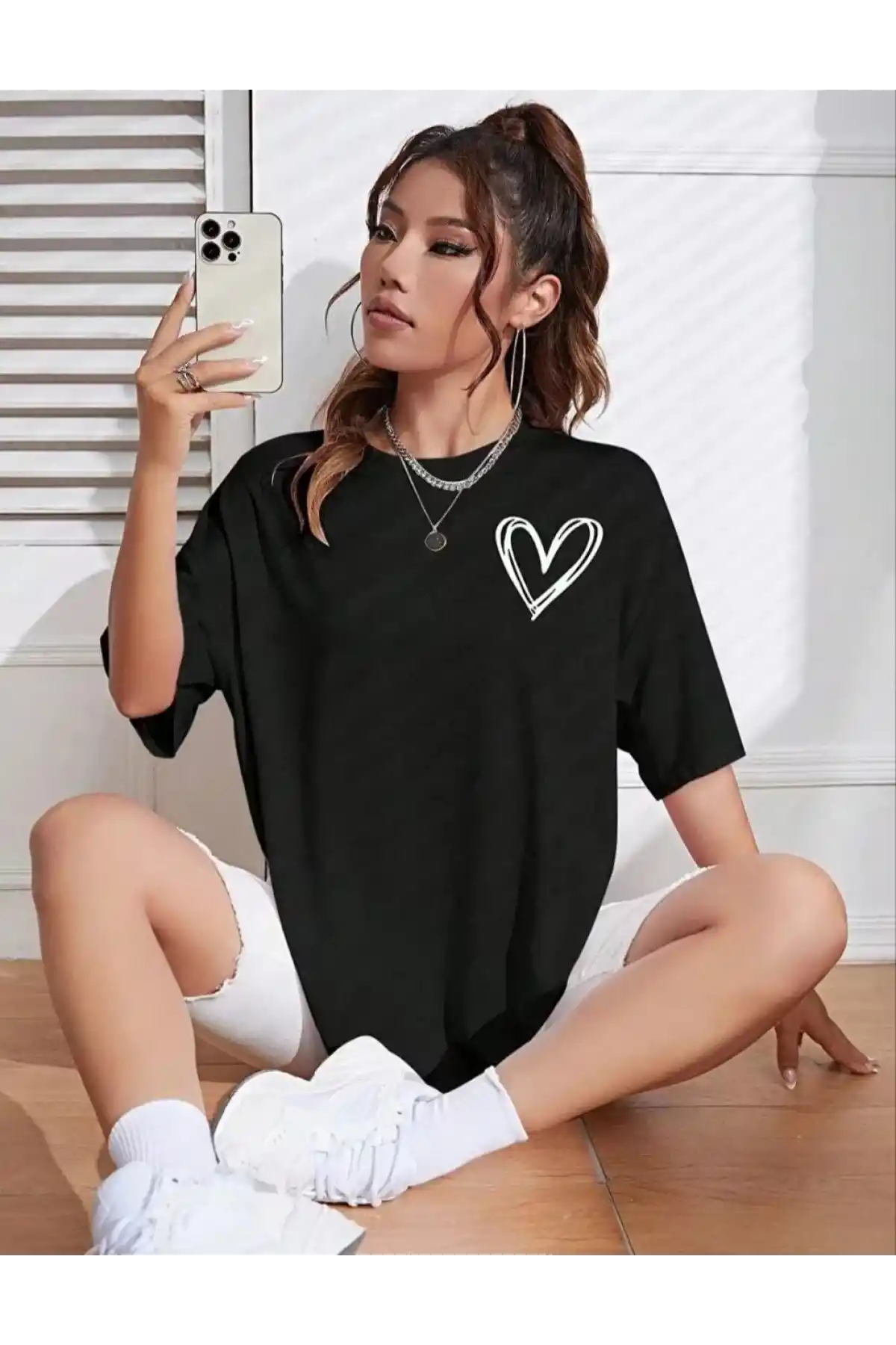 Kadın Bisiklet Yaka Baskılı Oversize T-Shirt - Siyah