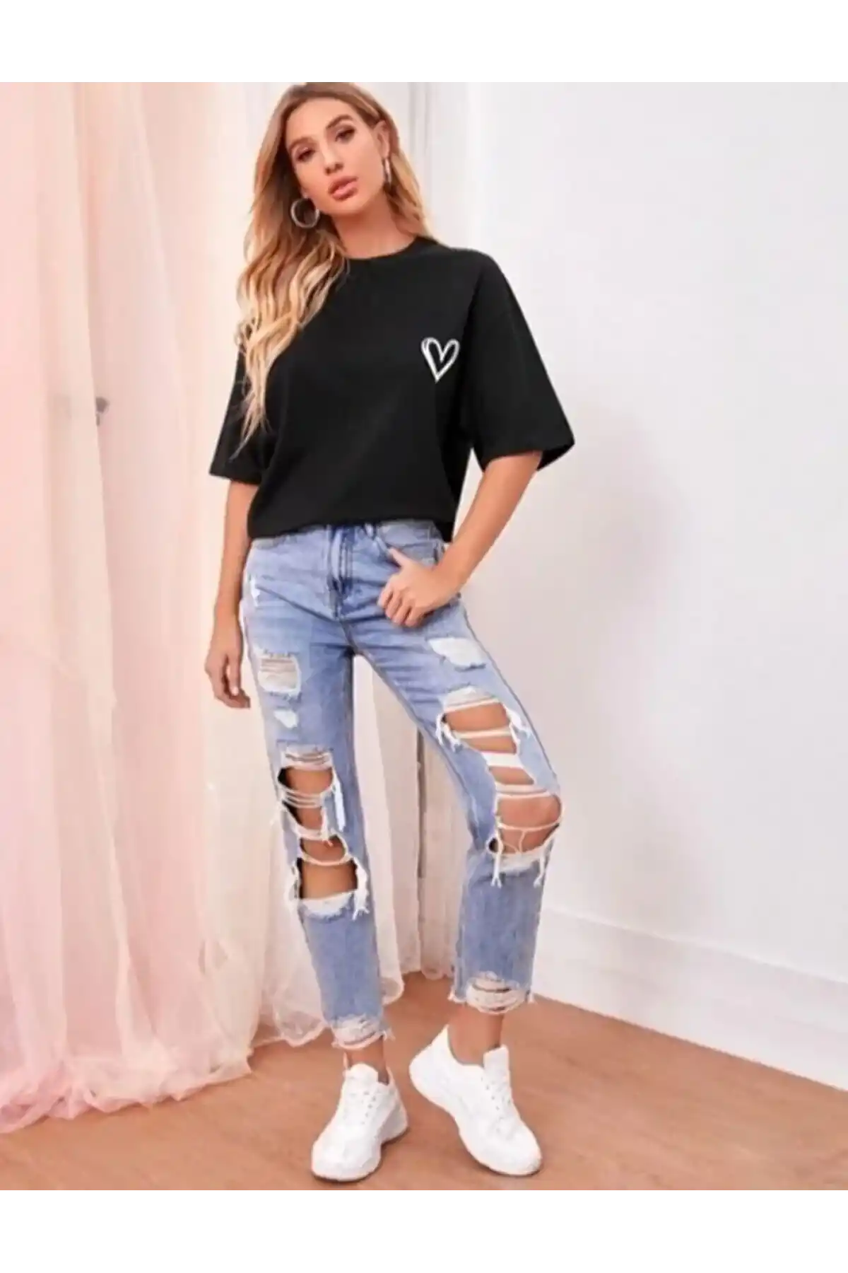 Kadın Bisiklet Yaka Baskılı Oversize T-Shirt - Siyah