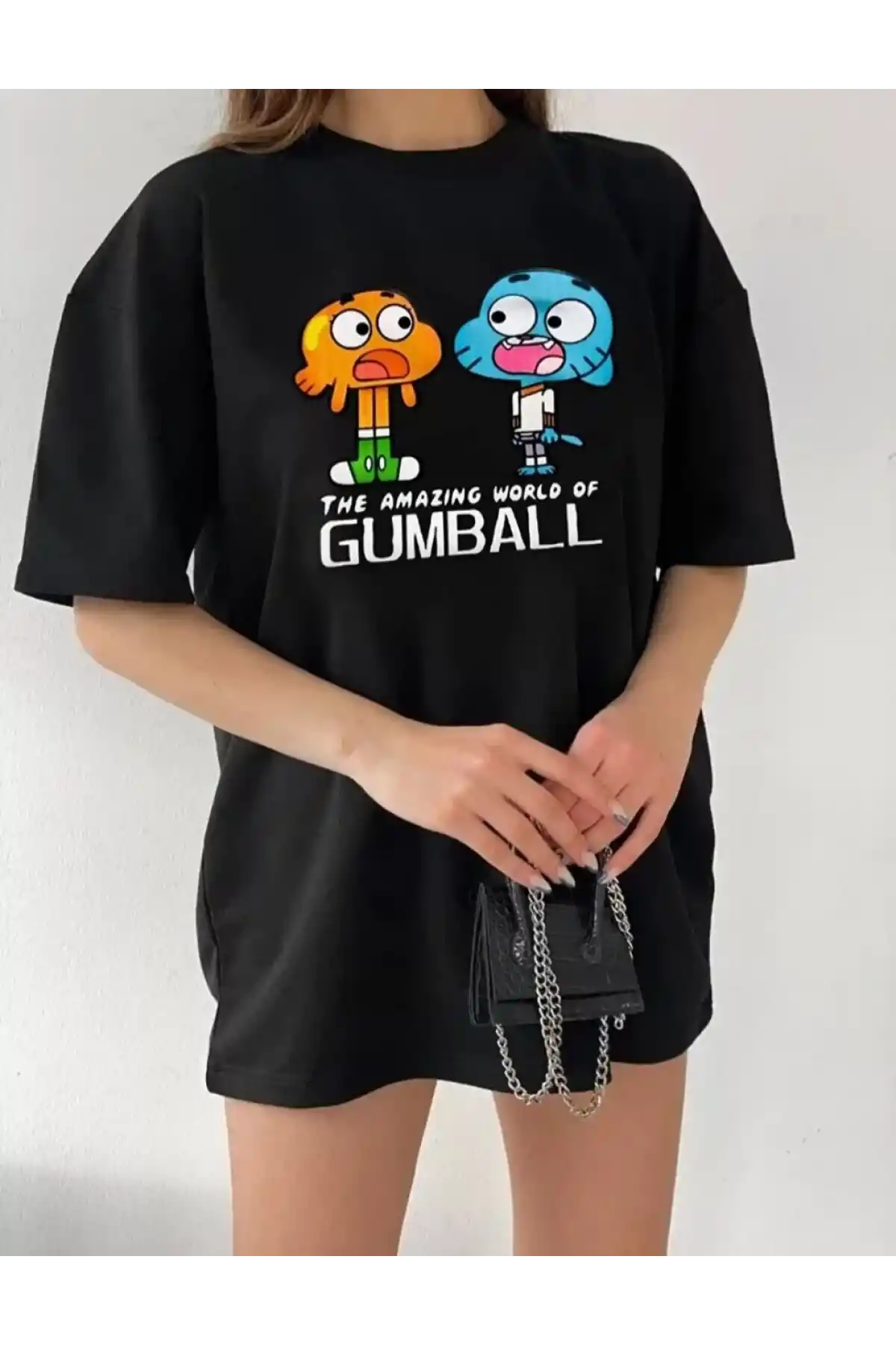 Kadın Bisiklet Yaka Baskılı Oversize T-Shirt - Siyah