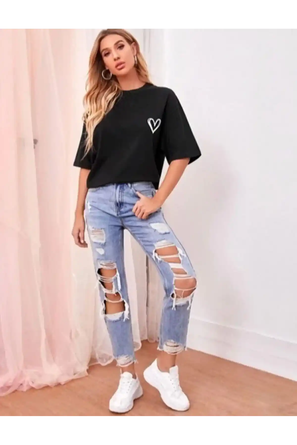 Kadın Bisiklet Yaka Baskılı Oversize T-Shirt - Siyah