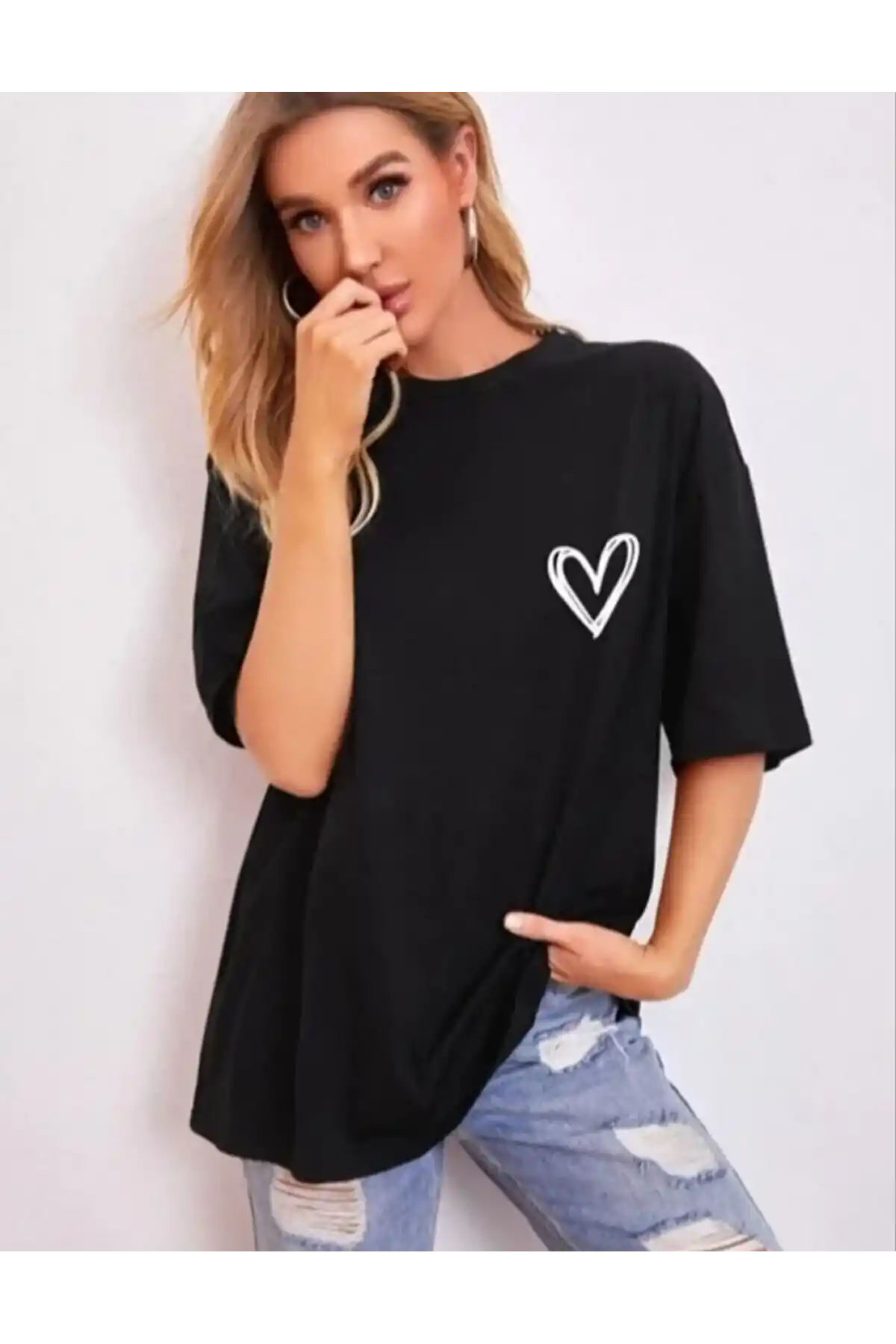 Kadın Bisiklet Yaka Baskılı Oversize T-Shirt - Siyah