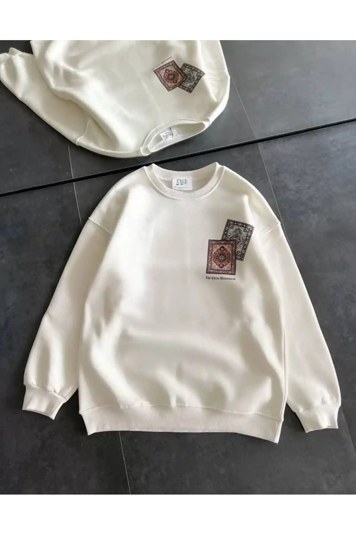 Kadın Bisiklet Yaka Baskılı SweatShirt - Beyaz