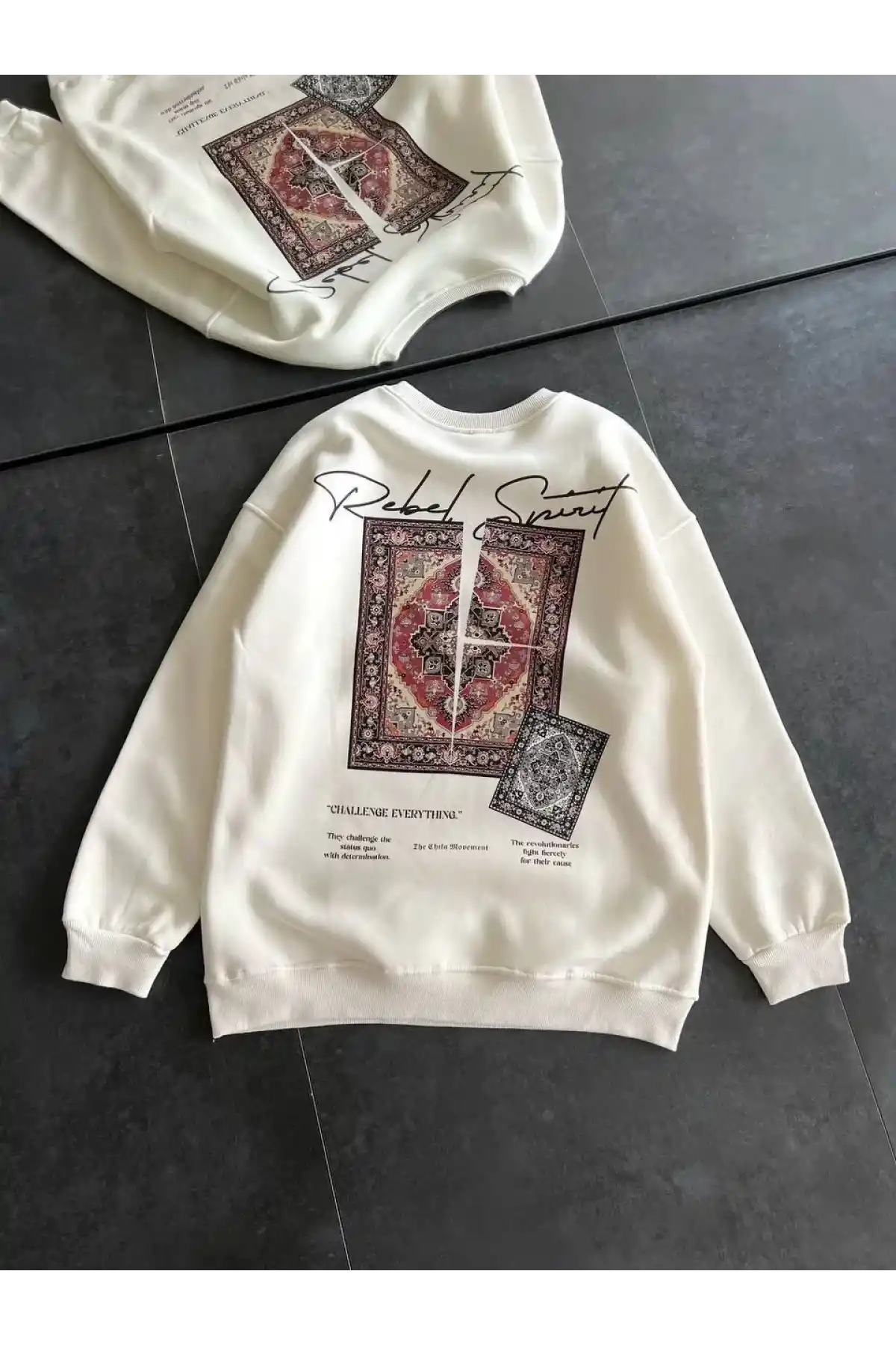 Kadın Bisiklet Yaka Baskılı SweatShirt - Beyaz