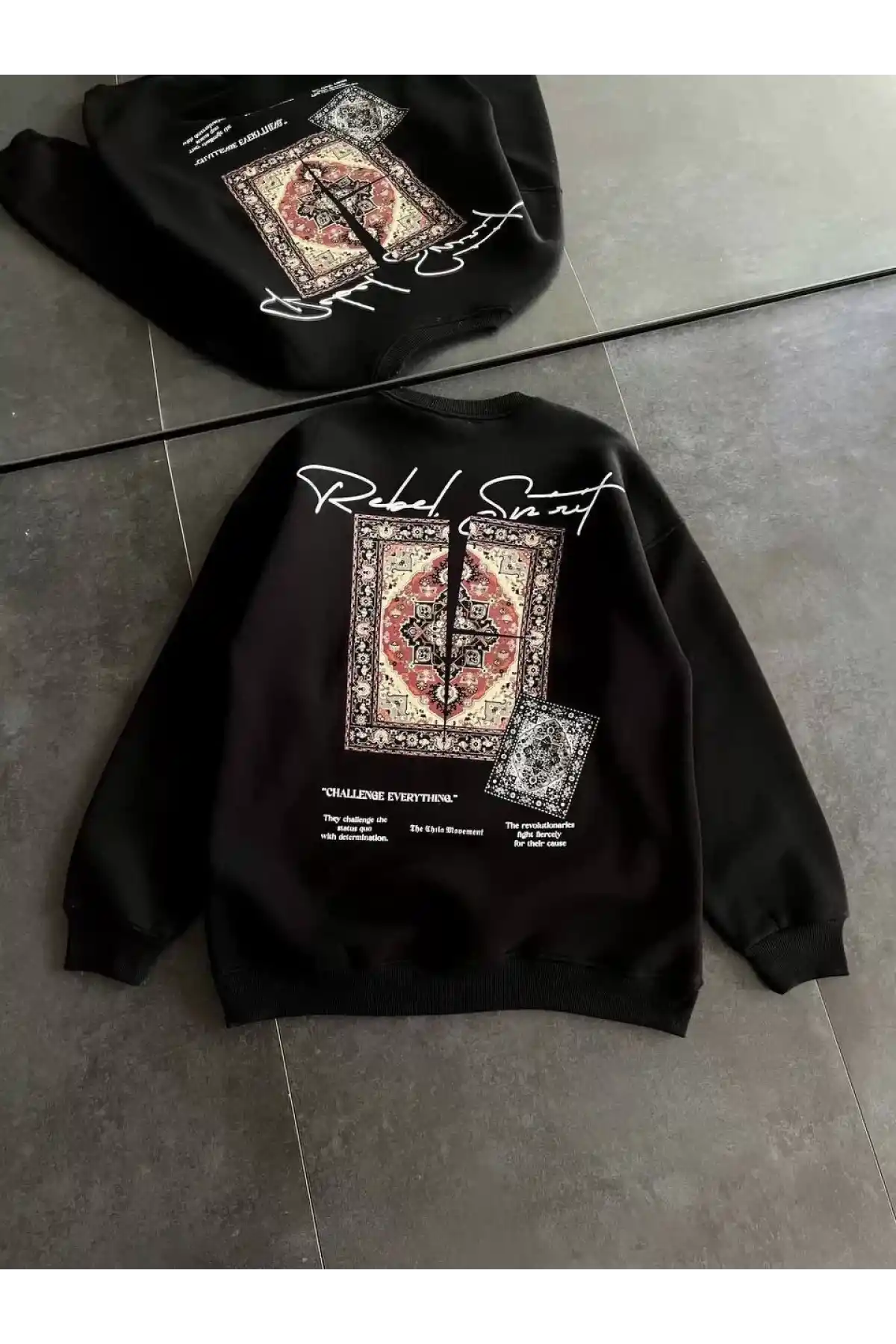 Kadın Bisiklet Yaka Baskılı SweatShirt - Siyah