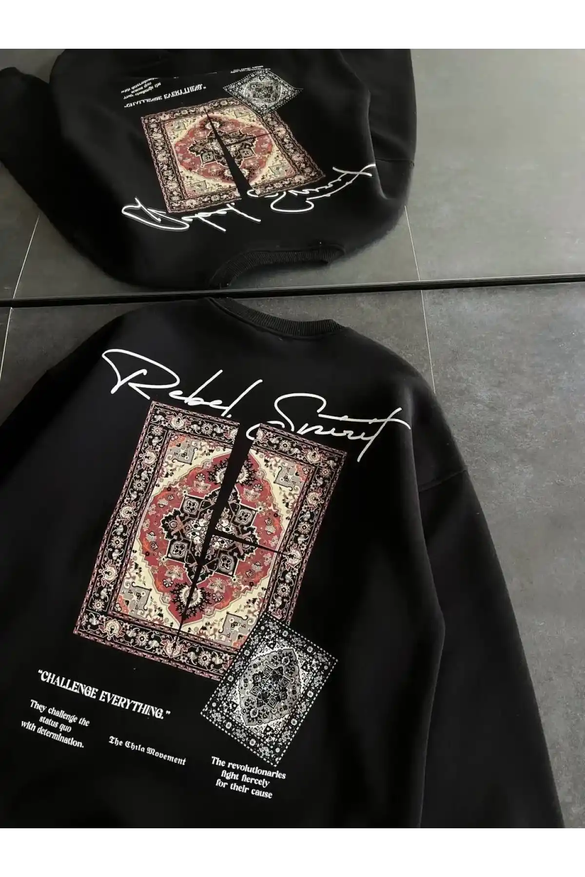 Kadın Bisiklet Yaka Baskılı SweatShirt - Siyah