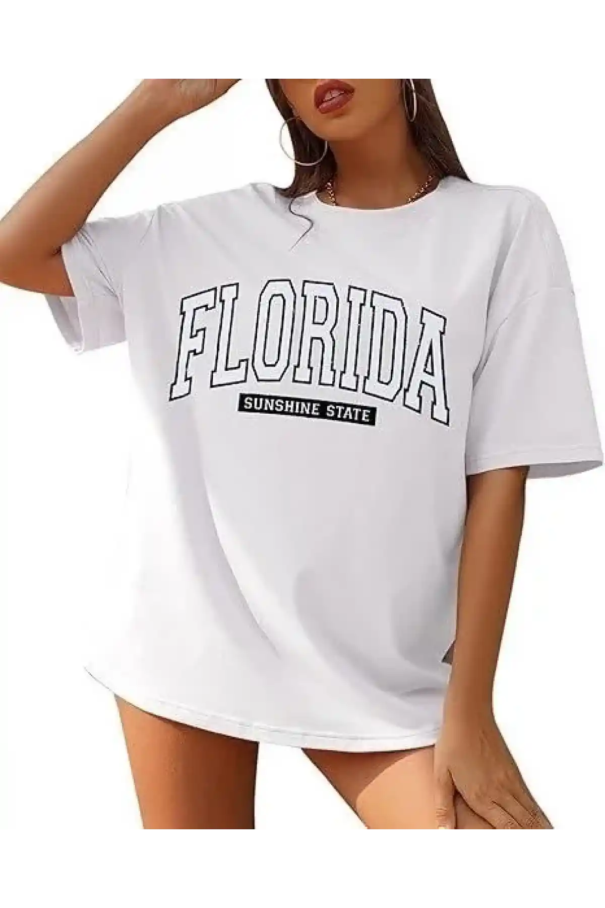 Kadın Bisiklet Yaka Baskılı T-shirt - Beyaz