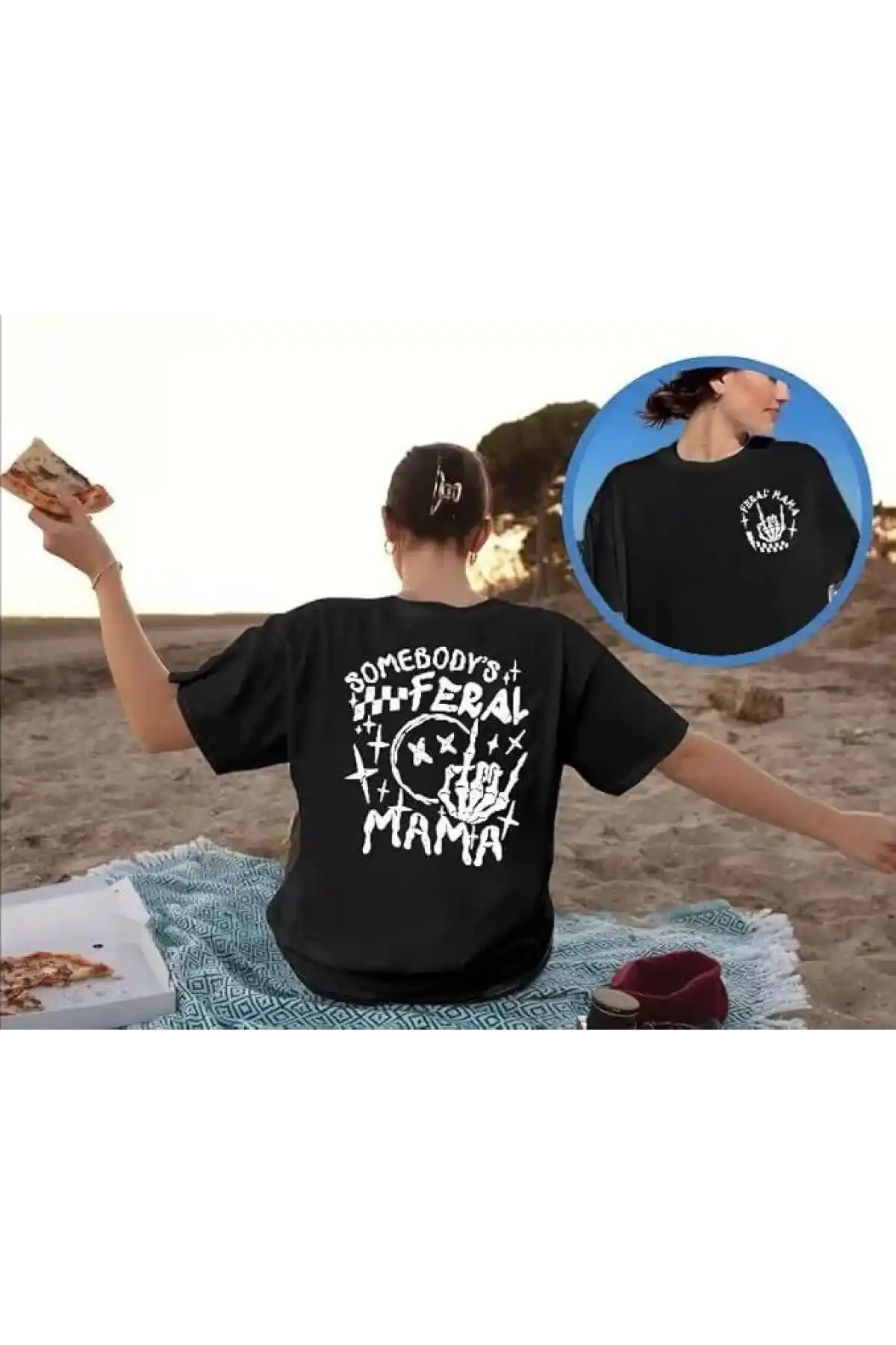 Kadın Bisiklet Yaka Baskılı T-shirt - Siyah