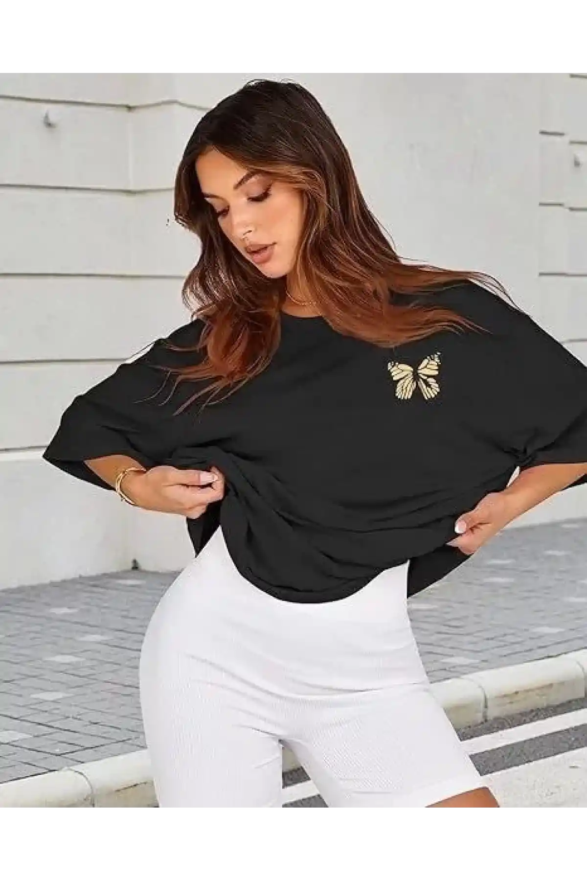 Kadın Bisiklet Yaka Baskılı T-shirt - Siyah