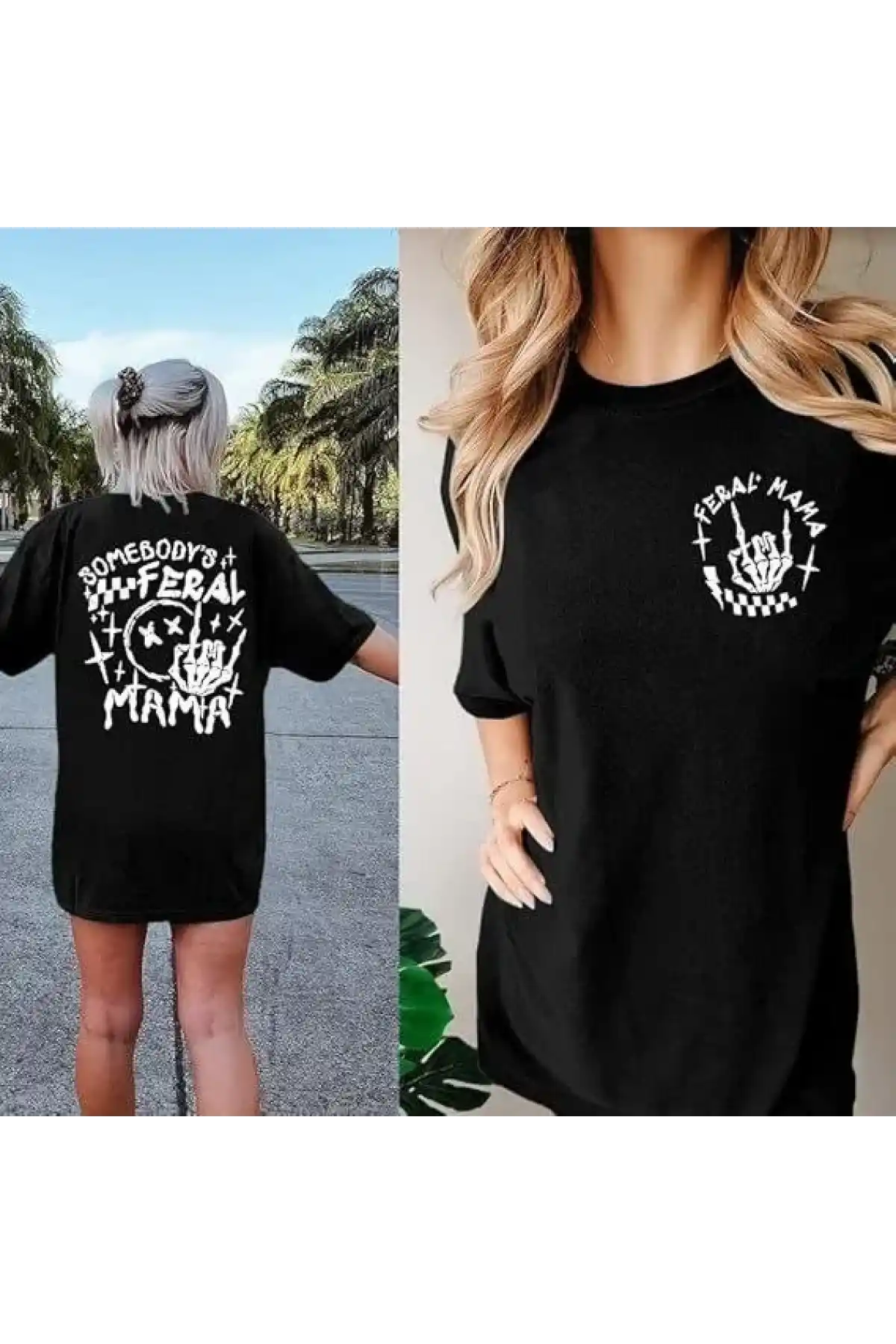 Kadın Bisiklet Yaka Baskılı T-shirt - Siyah