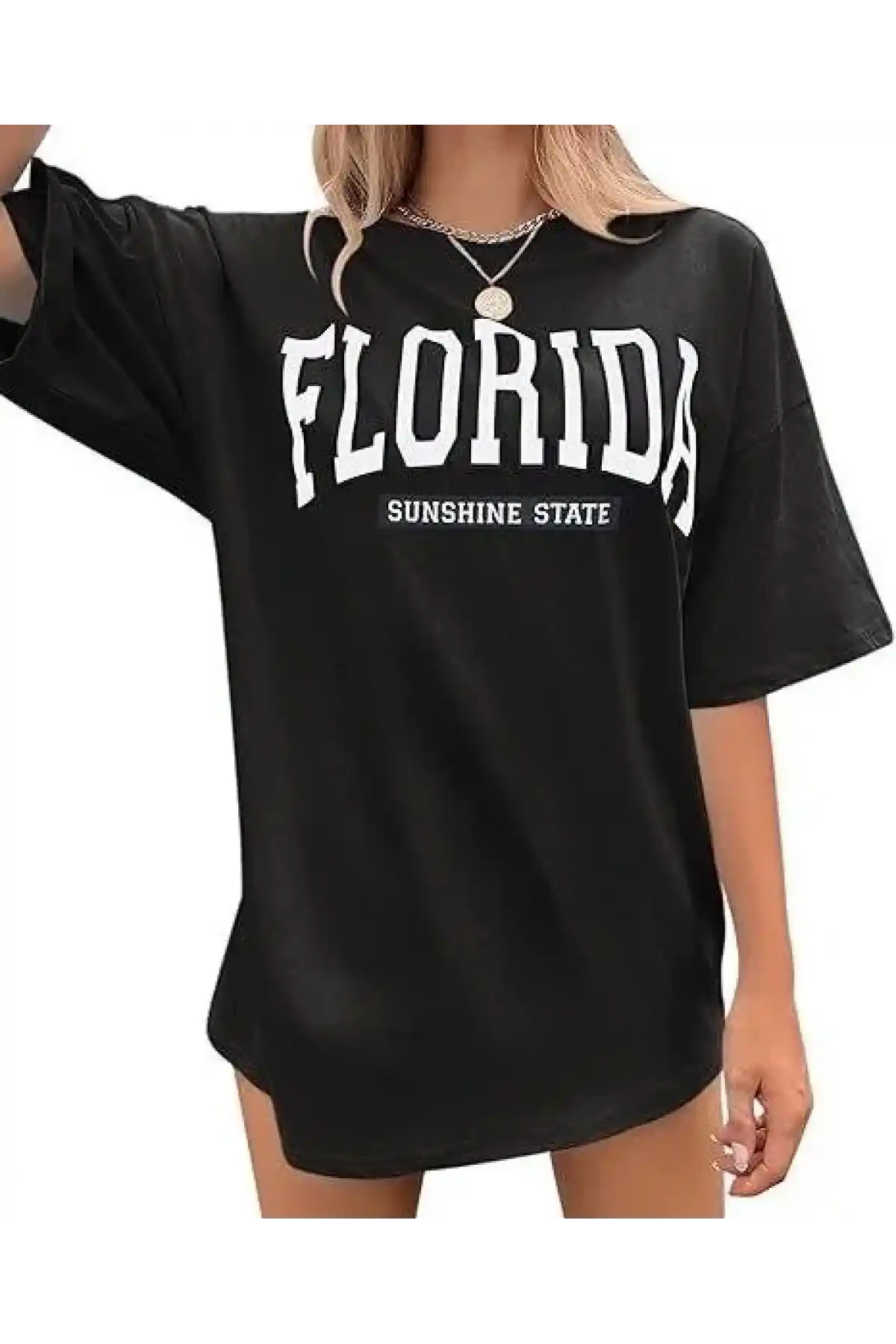 Kadın Bisiklet Yaka Baskılı T-shirt - Siyah