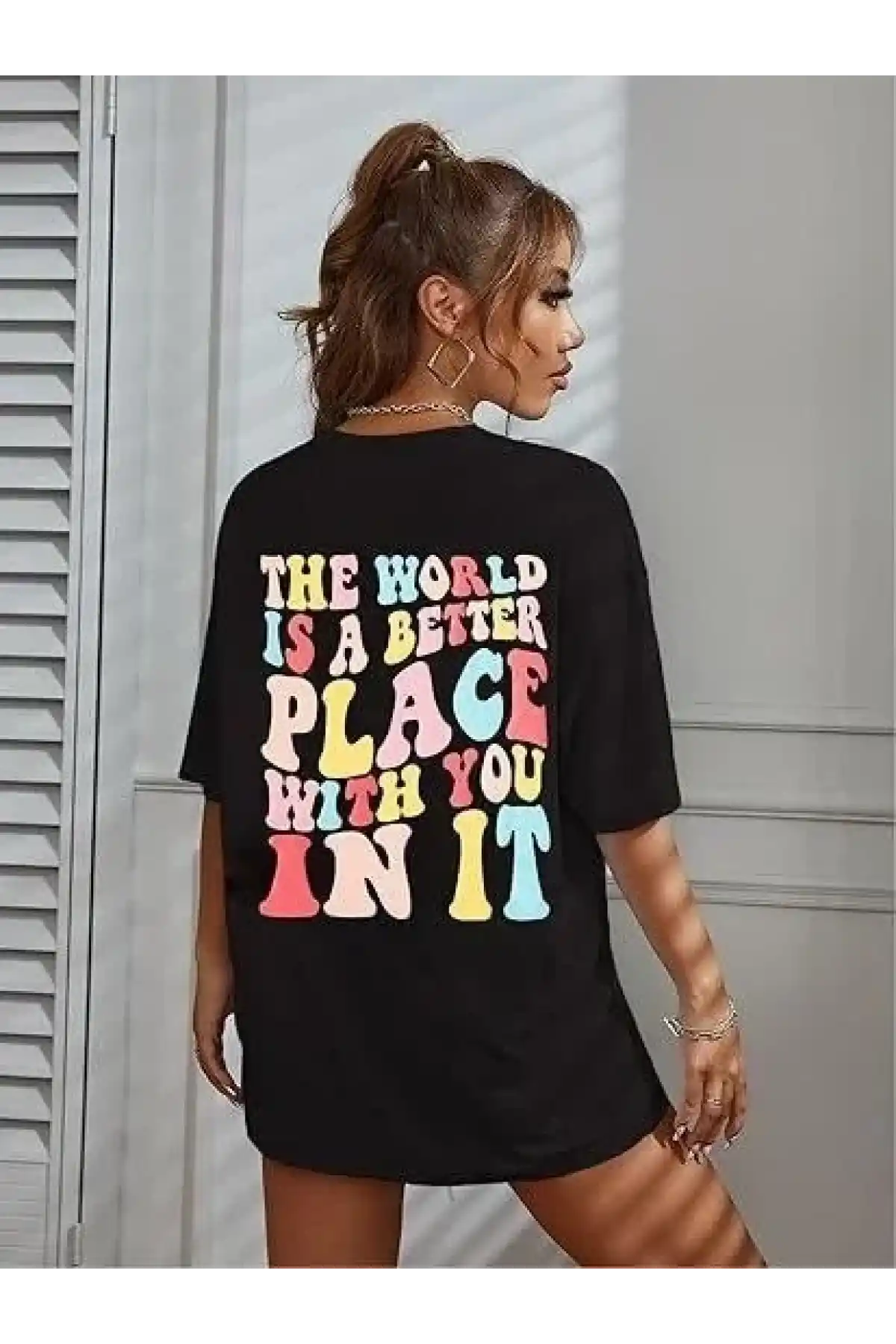 Kadın Bisiklet Yaka Baskılı T-shirt - Siyah