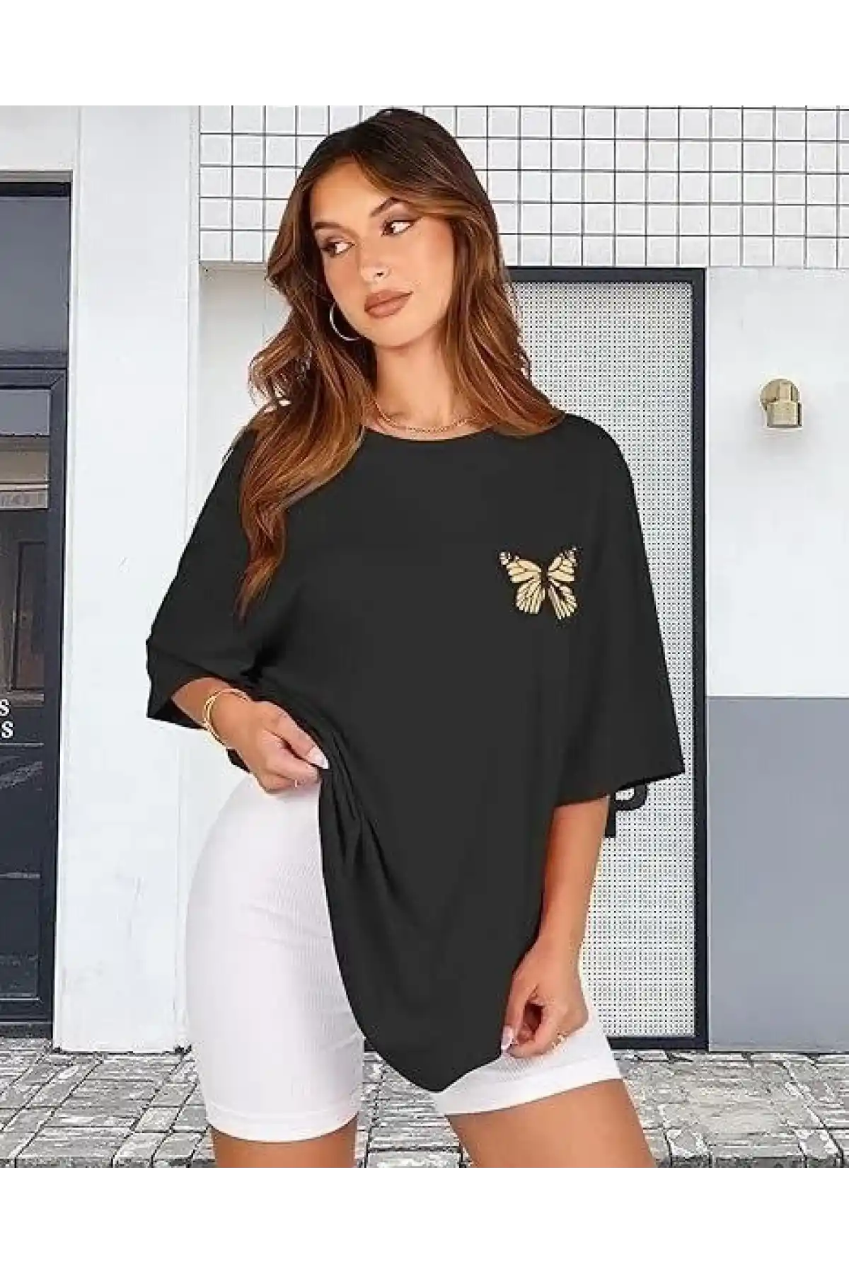 Kadın Bisiklet Yaka Baskılı T-shirt - Siyah