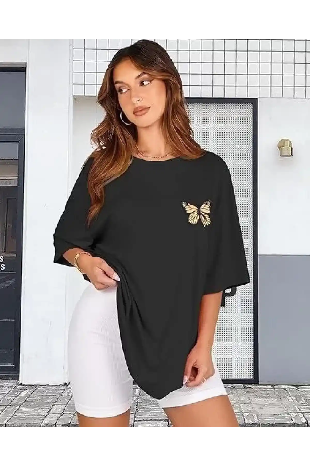 Kadın Bisiklet Yaka Baskılı T-shirt - Siyah