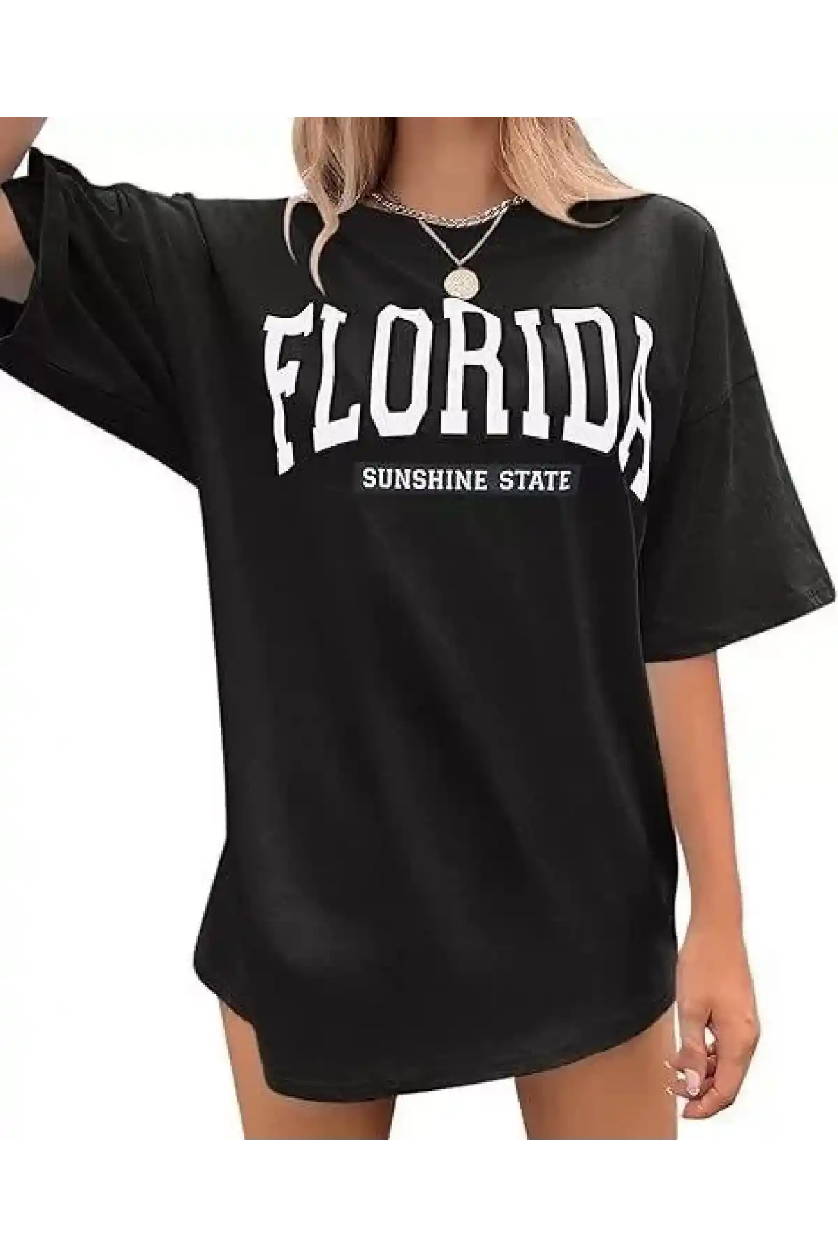 Kadın Bisiklet Yaka Baskılı T-shirt - Siyah