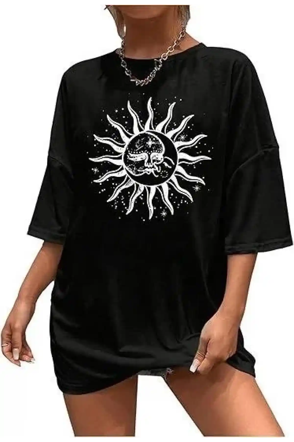 Kadın Bisiklet Yaka Baskılı T-shirt - Siyah