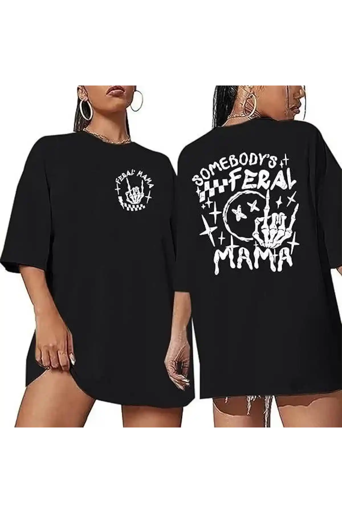 Kadın Bisiklet Yaka Baskılı T-shirt - Siyah