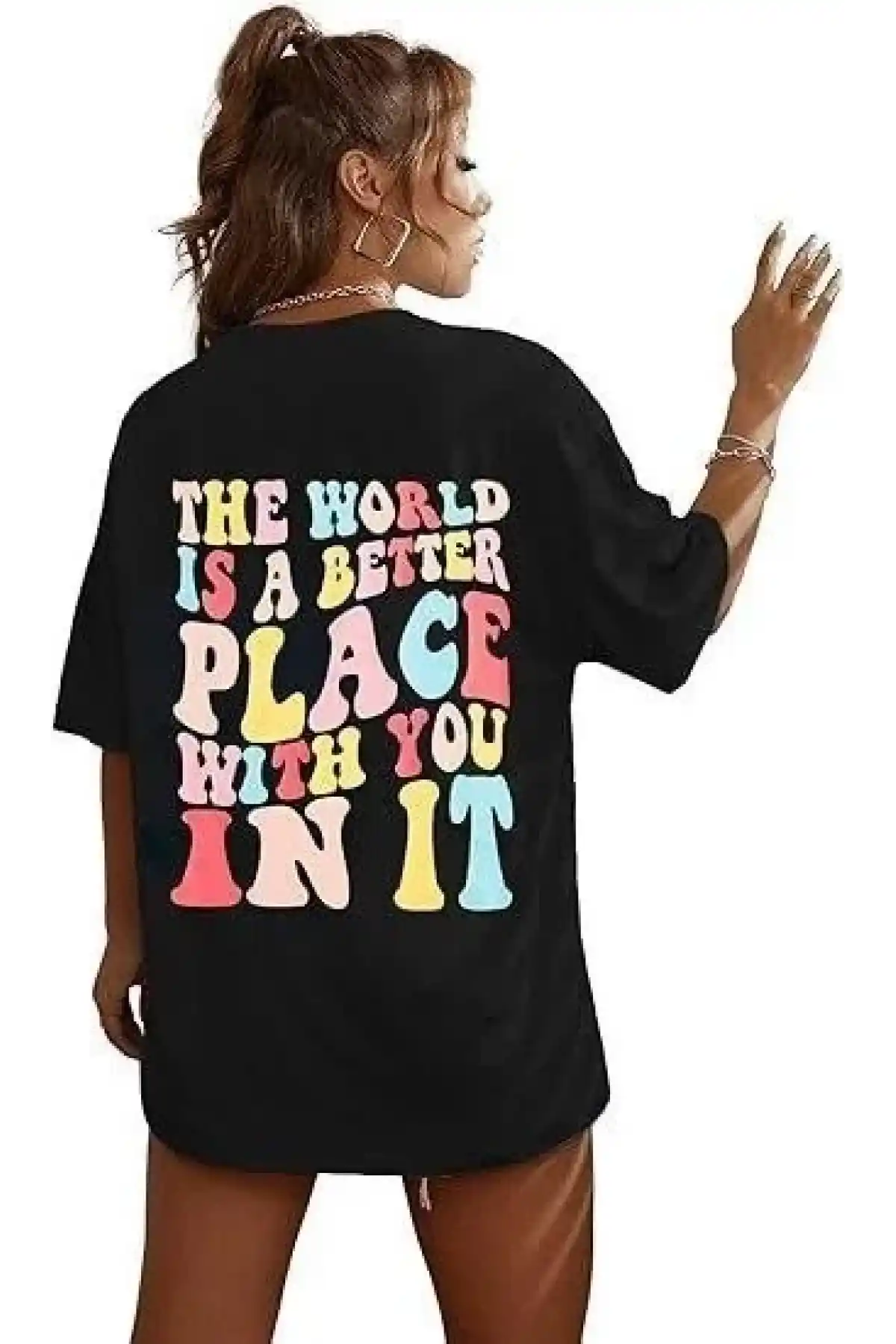 Kadın Bisiklet Yaka Baskılı T-shirt - Siyah