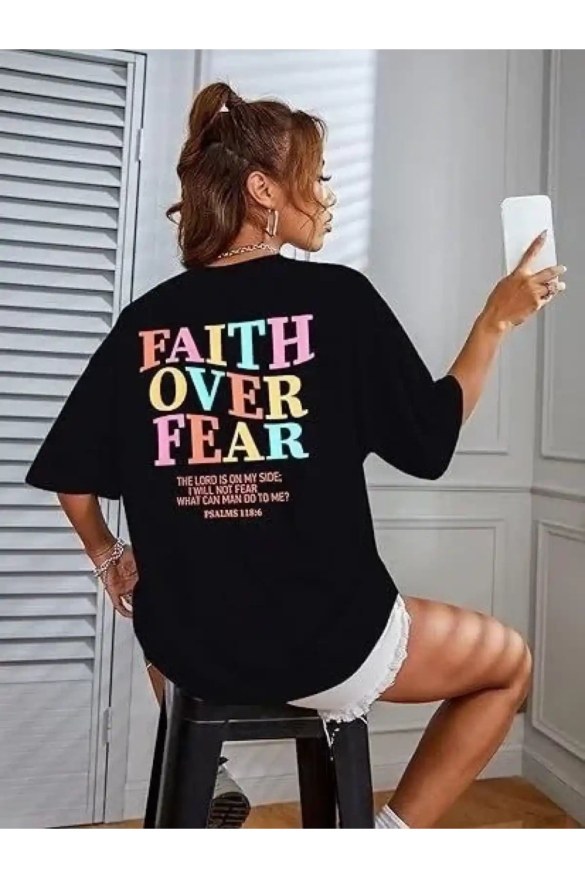 Kadın Bisiklet Yaka Baskılı T-shirt - Siyah