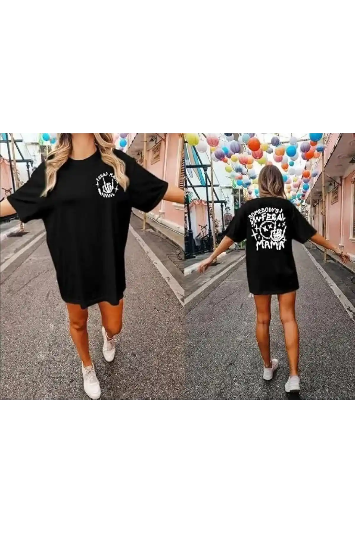 Kadın Bisiklet Yaka Baskılı T-shirt - Siyah