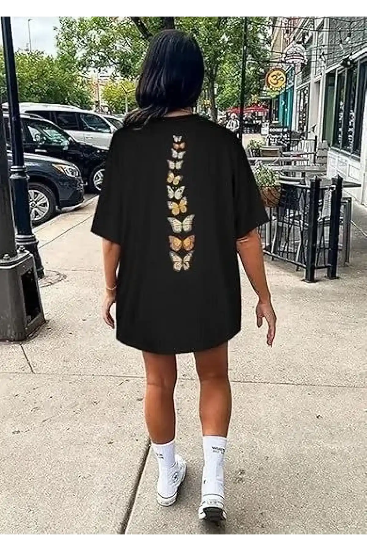 Kadın Bisiklet Yaka Baskılı T-shirt - Siyah