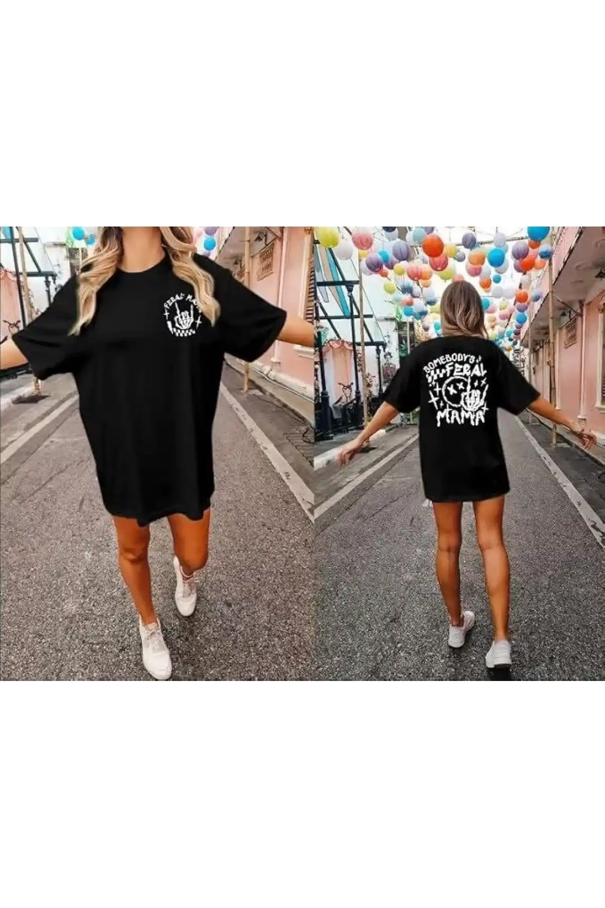 Kadın Bisiklet Yaka Baskılı T-shirt - Siyah