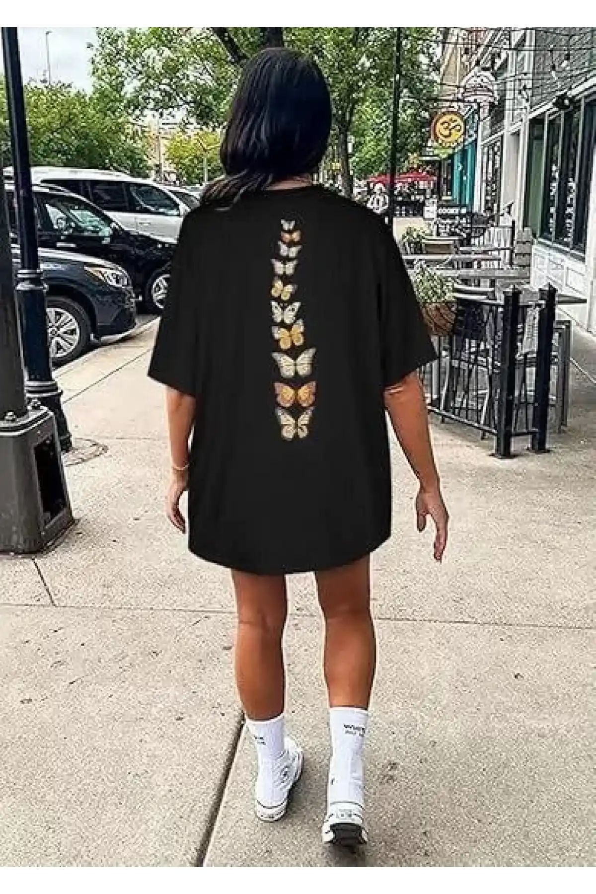 Kadın Bisiklet Yaka Baskılı T-shirt - Siyah