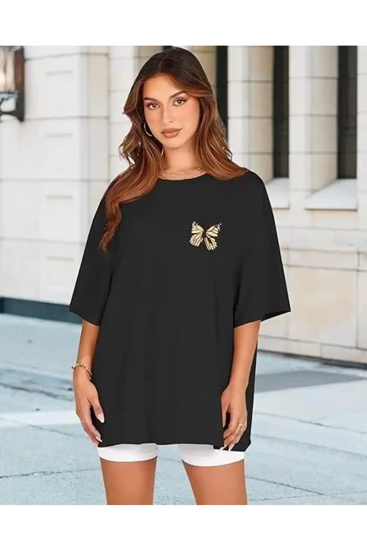 Kadın Bisiklet Yaka Baskılı T-shirt - Siyah