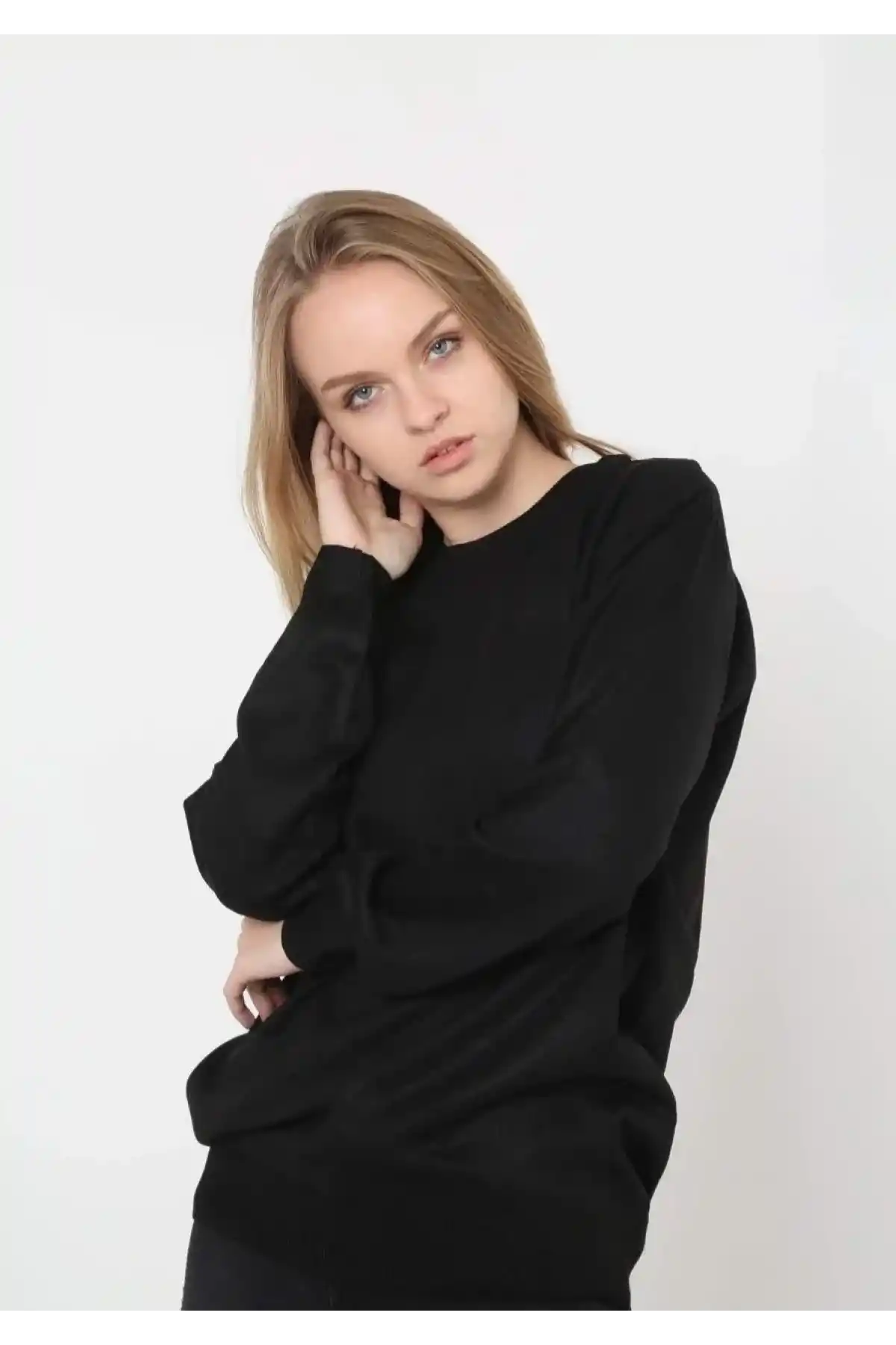 Kadın Bisiklet yaka Kazak Uzun Kol Dokuma Triko - Siyah