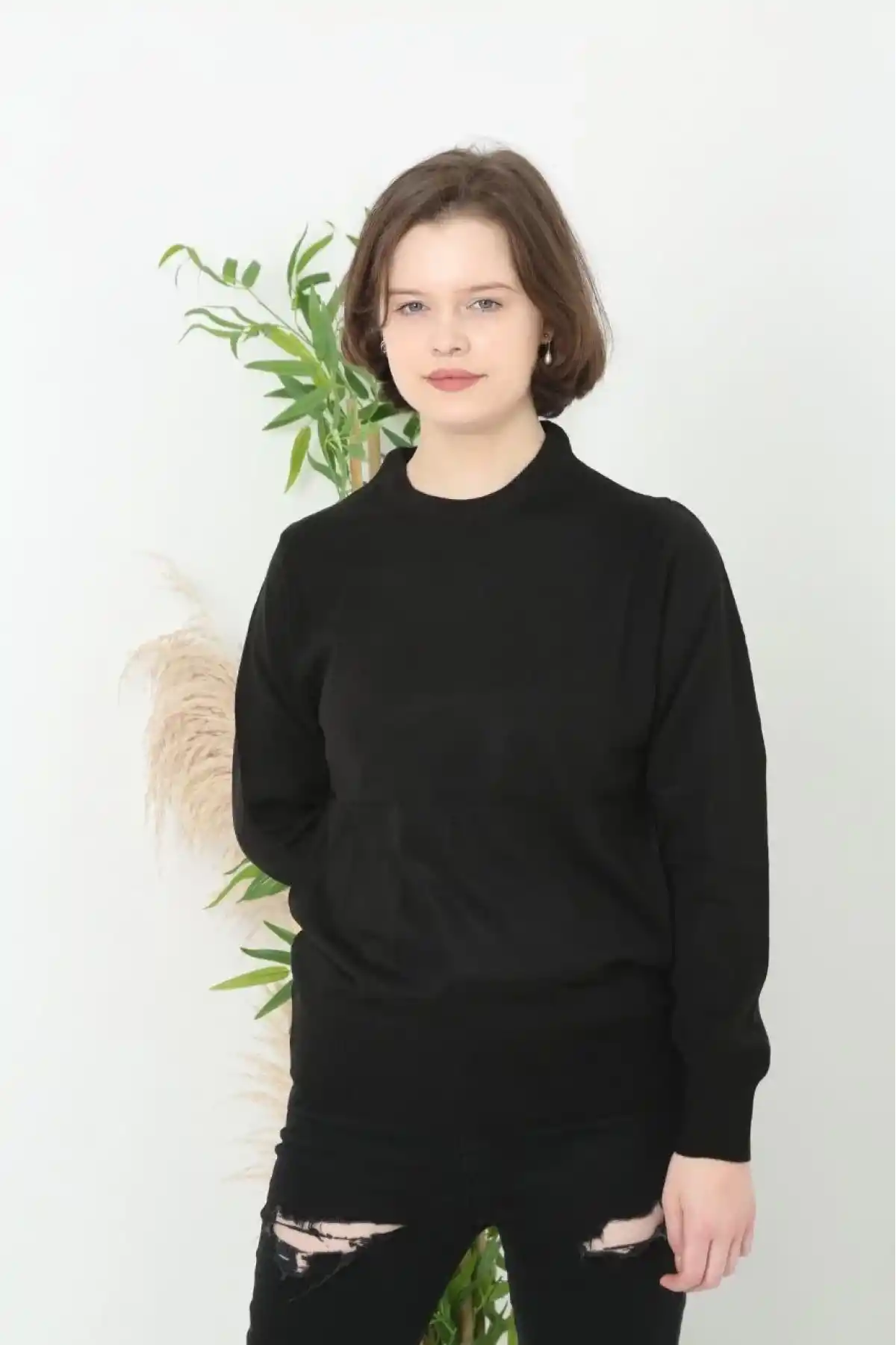 Kadın Bisiklet yaka Kazak Uzun Kol Dokuma Triko - Siyah