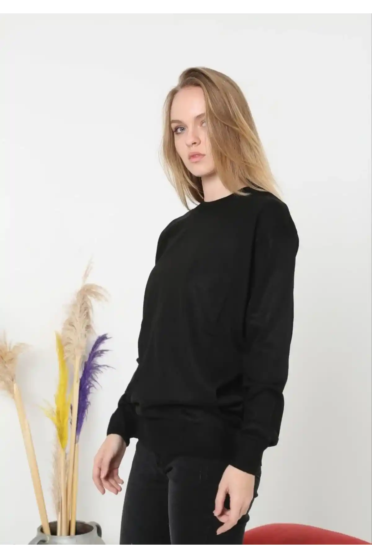 Kadın Bisiklet yaka Kazak Uzun Kol Dokuma Triko - Siyah