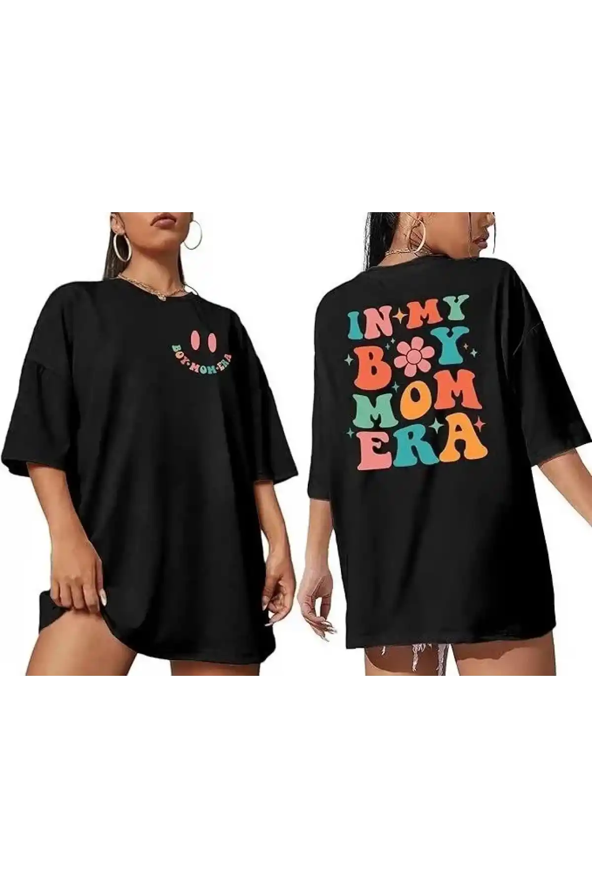 Kadın Bisiklet Yaka Kısa Kol Baskılı T-shirt - Siyah