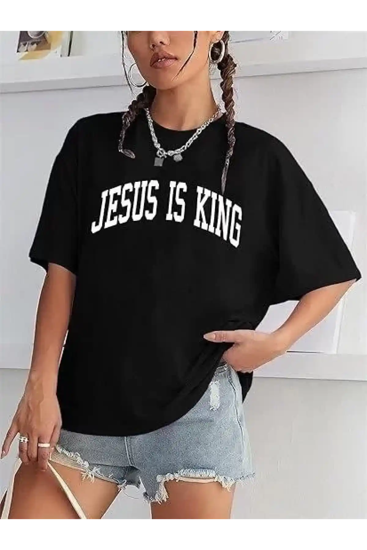 Kadın Bisiklet Yaka Kısa Kol Baskılı T-shirt - Siyah