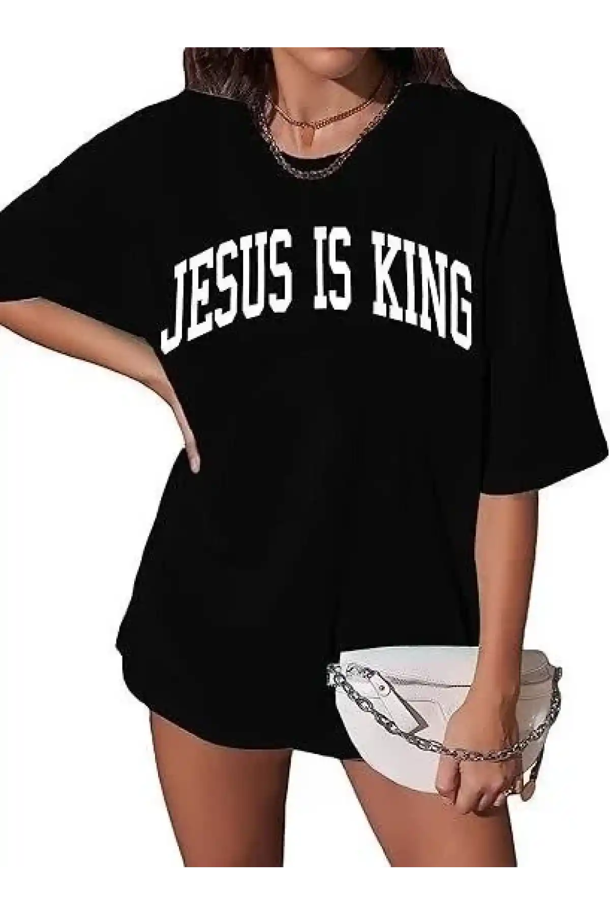 Kadın Bisiklet Yaka Kısa Kol Baskılı T-shirt - Siyah