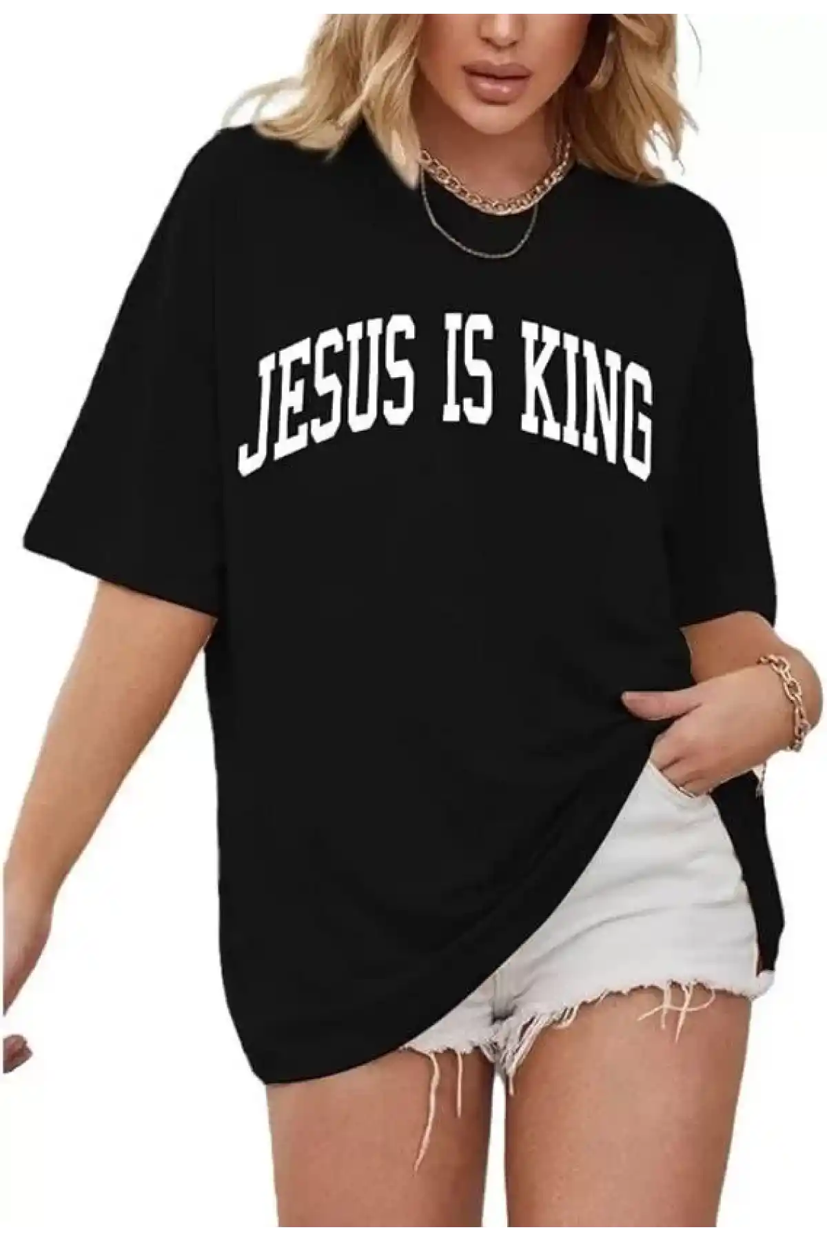 Kadın Bisiklet Yaka Kısa Kol Baskılı T-shirt - Siyah