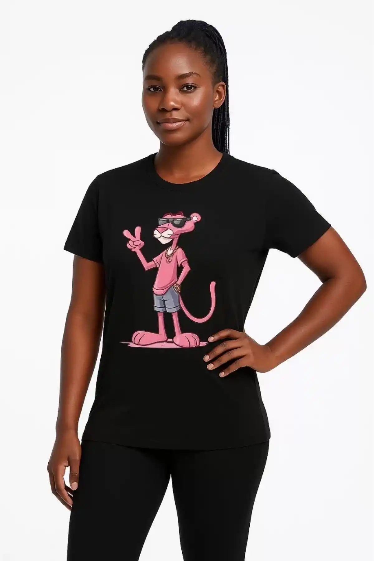 Kadın Bisiklet Yaka Kısa Kollu Baskılı T-shirt - Siyah