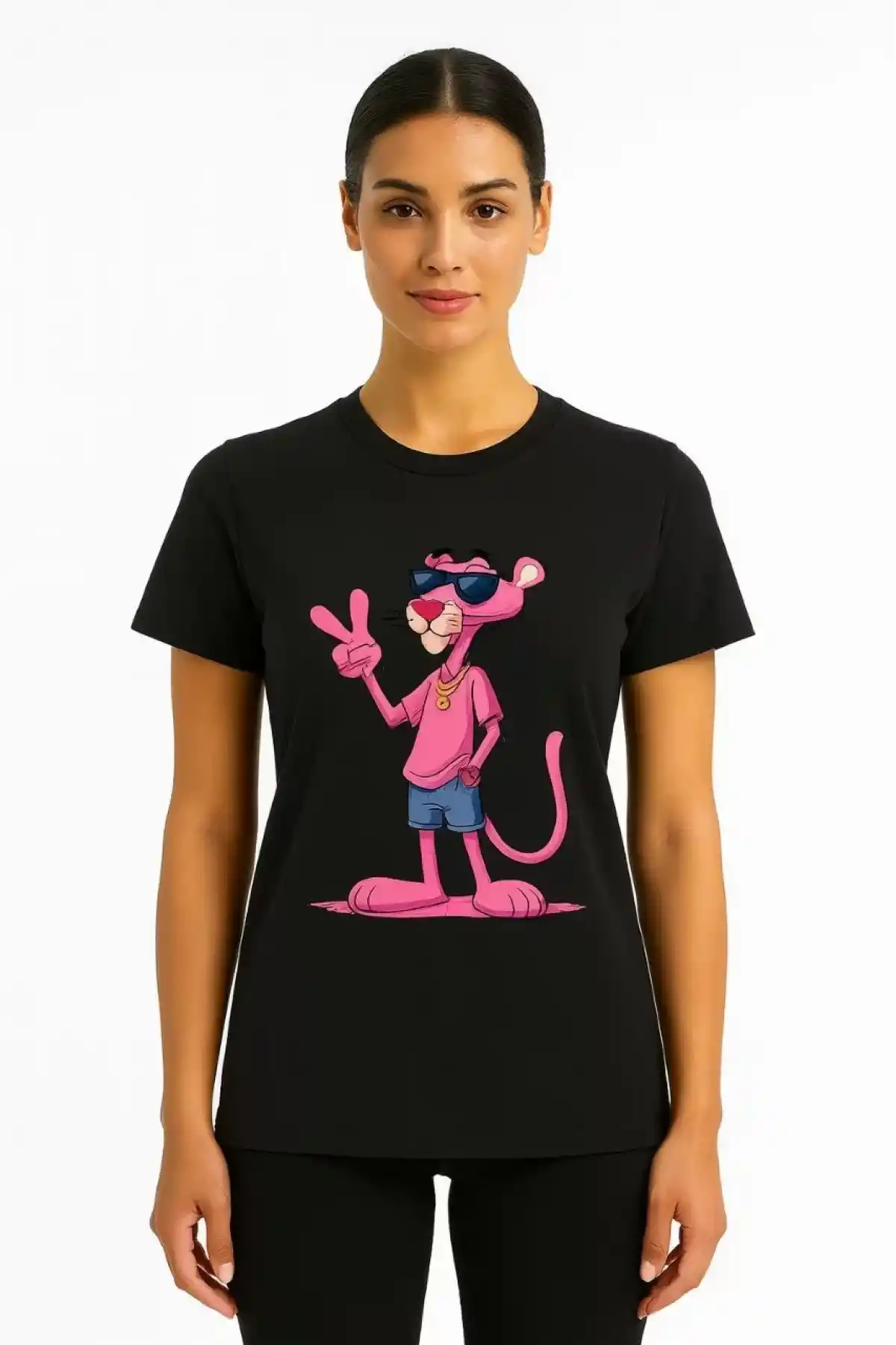 Kadın Bisiklet Yaka Kısa Kollu Baskılı T-shirt - Siyah