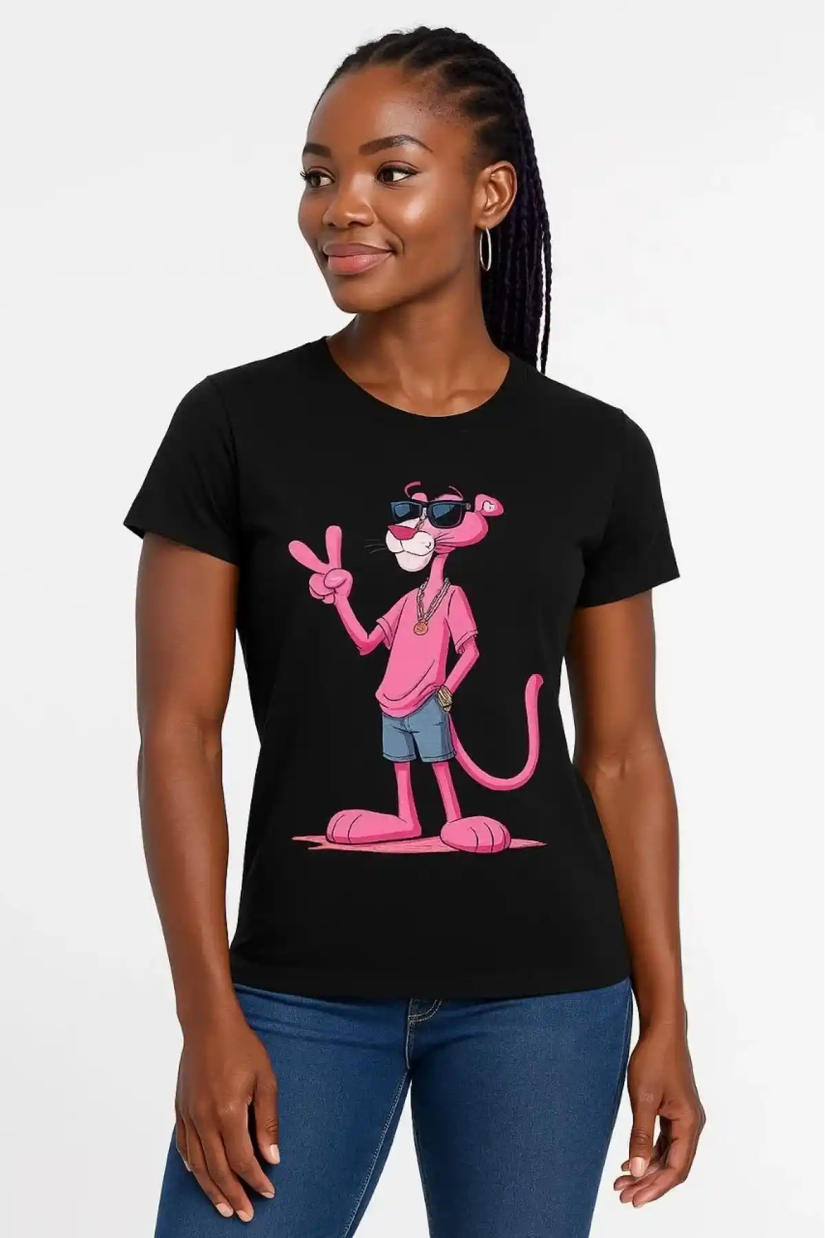 Kadın Bisiklet Yaka Kısa Kollu Baskılı T-shirt - Siyah