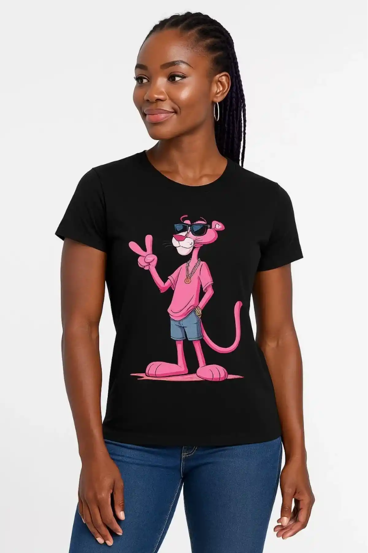 Kadın Bisiklet Yaka Kısa Kollu Baskılı T-shirt - Siyah