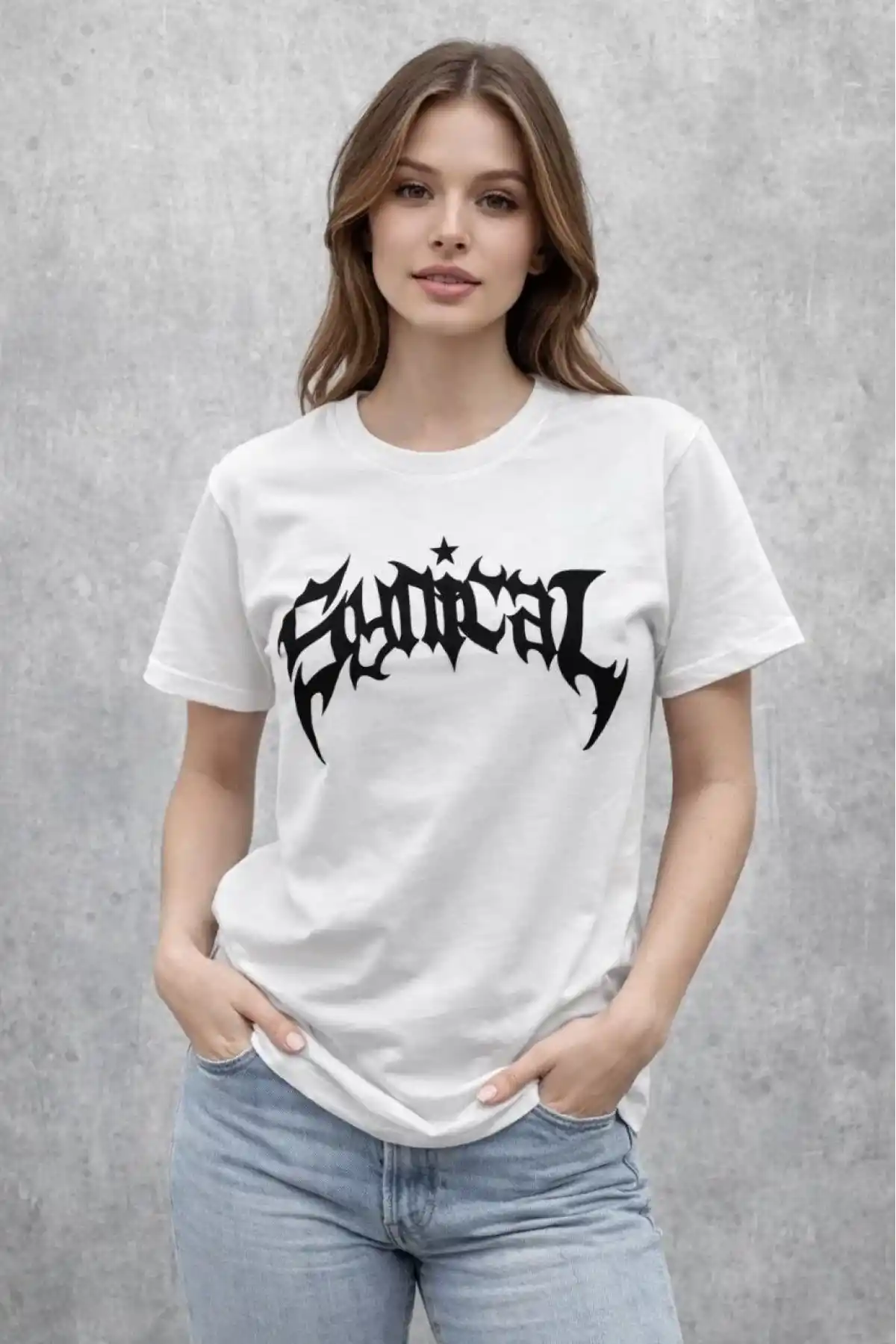 Kadın Bisiklet Yaka Ön Baskılı Kısa Kollu Tişört Streetwear Günlük Basic Pamuklu T-shirt - Beyaz