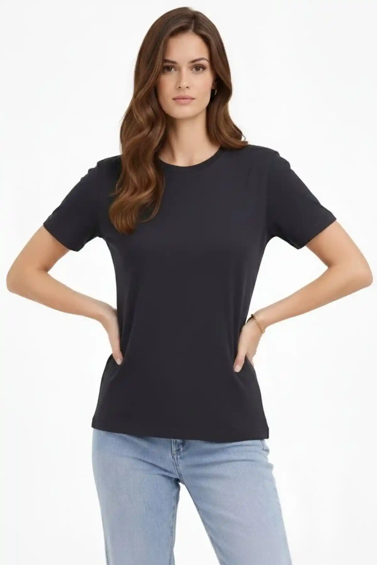 Kadın Bisiklet Yaka Tişört Regular Kalıp Basic Pamuklu Günlük Kullanım T-shirt - Füme