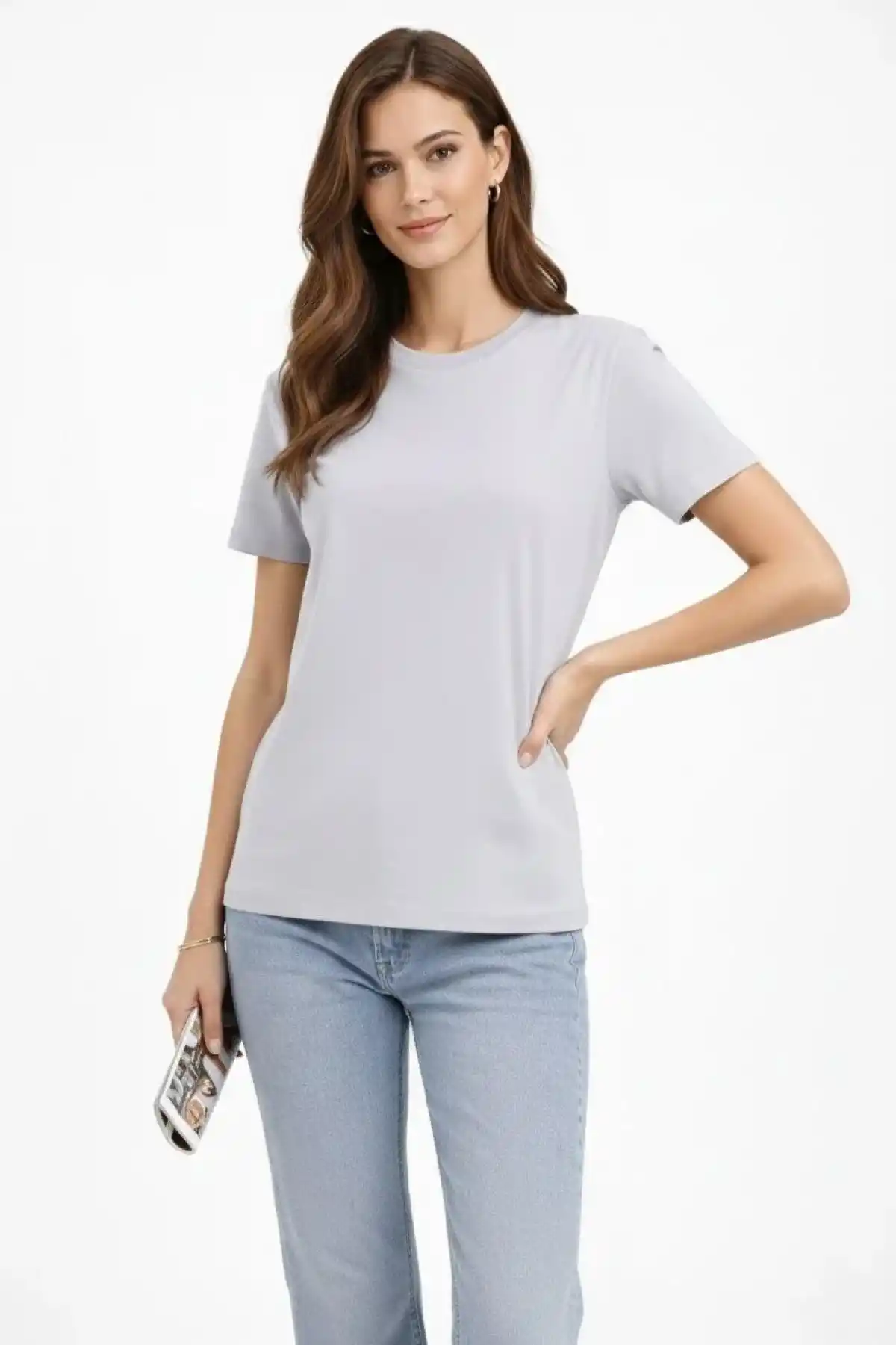 Kadın Bisiklet Yaka Tişört Regular Kalıp Basic Pamuklu Günlük Kullanım T-shirt - Gri