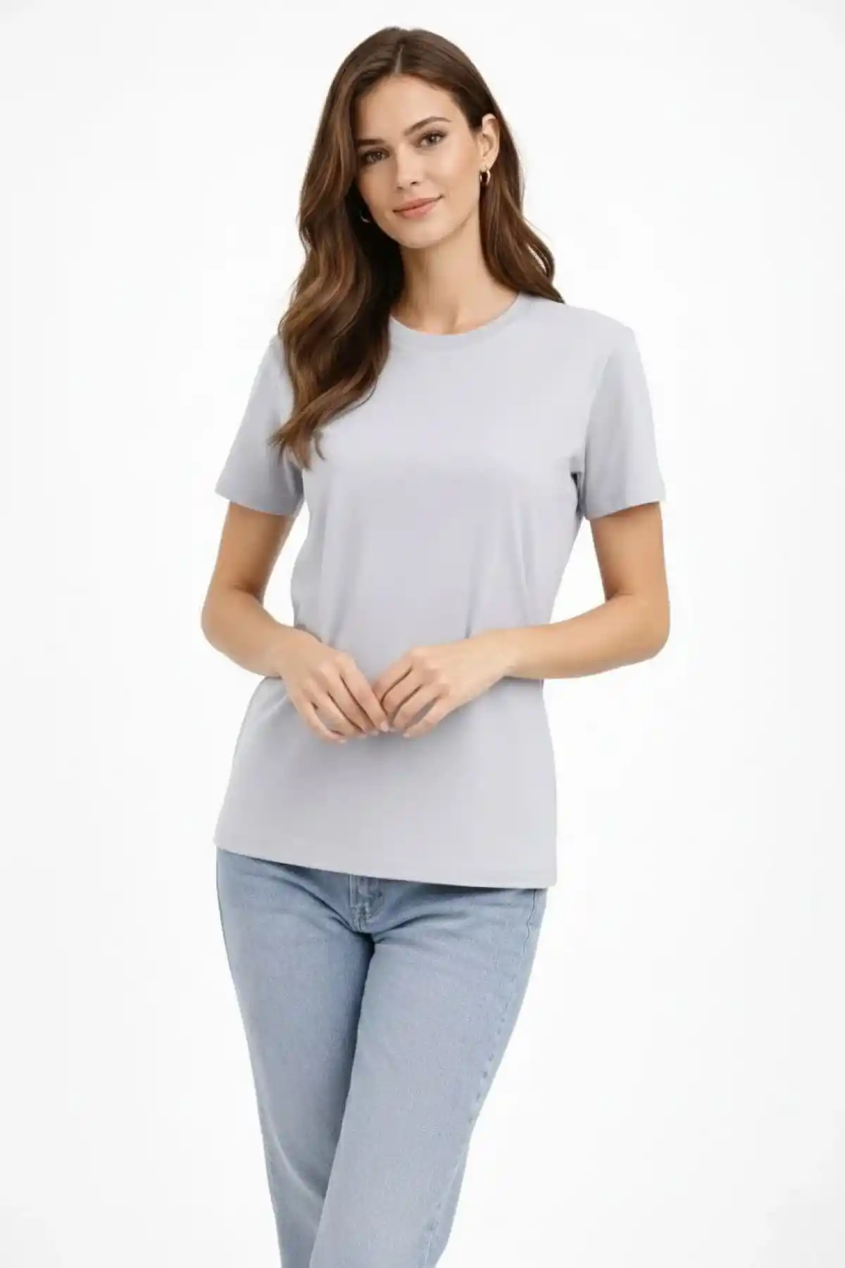 Kadın Bisiklet Yaka Tişört Regular Kalıp Basic Pamuklu Günlük Kullanım T-shirt - Gri