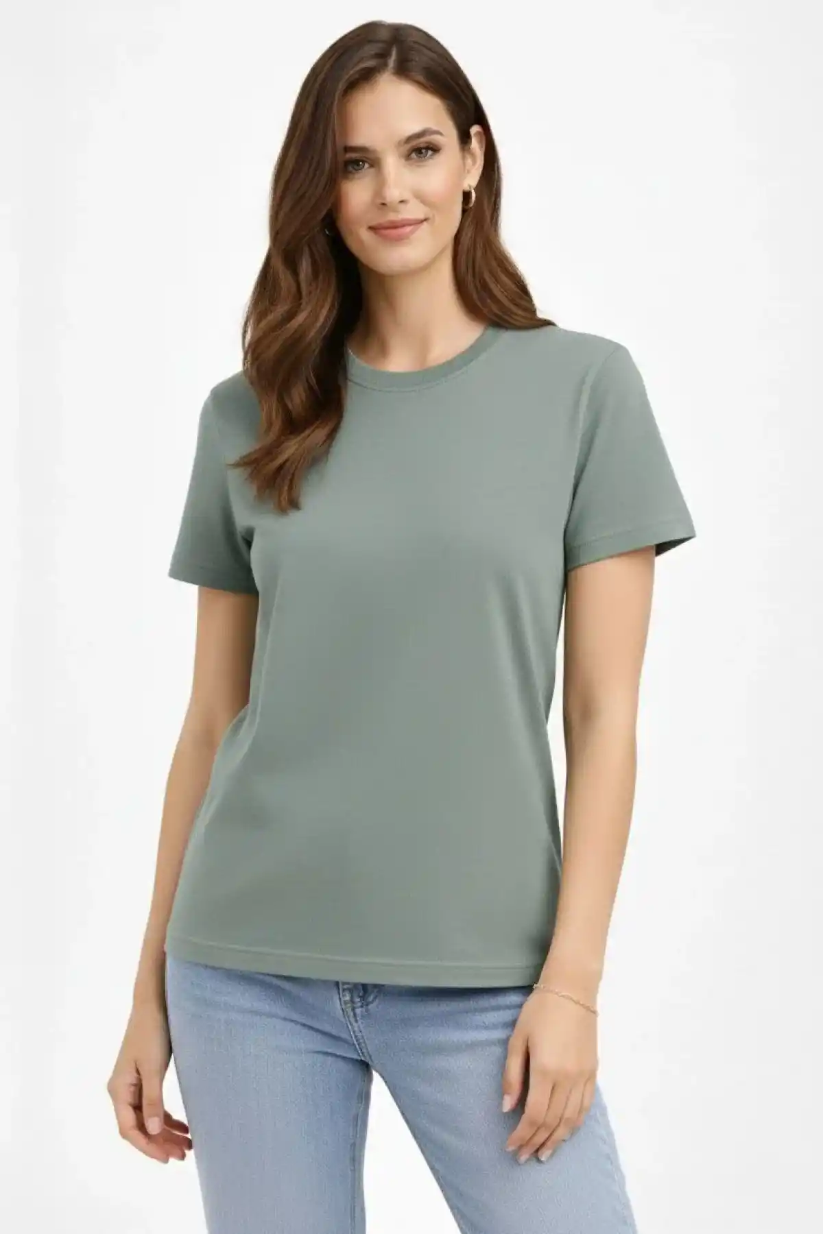 Kadın Bisiklet Yaka Tişört Regular Kalıp Basic Pamuklu Günlük Kullanım T-shirt - Mint Yeşili