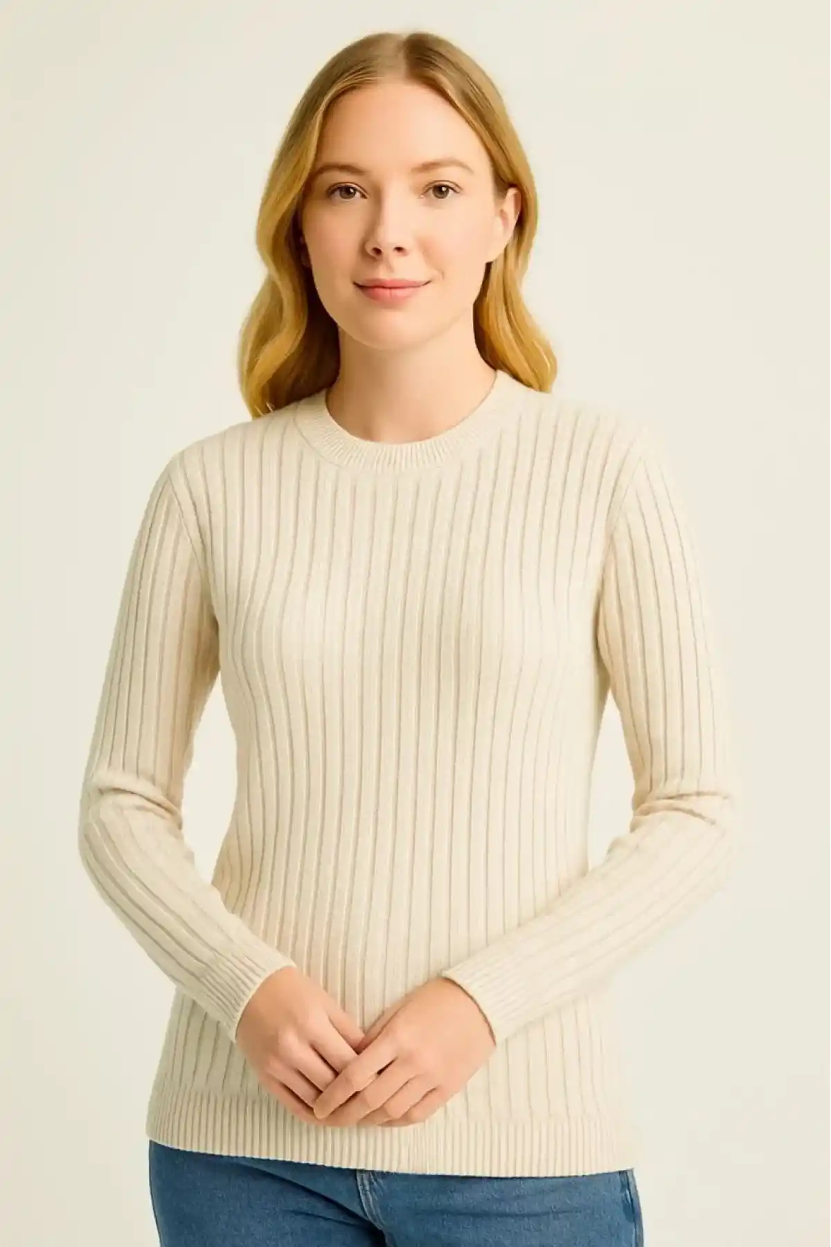 Kadın Bisiklet Yuvarlak Yaka Triko Kazak Pamuklu Kalın Fitilli Dokuma, Regular Fit Uzun Kollu Kışlık Model - Bej