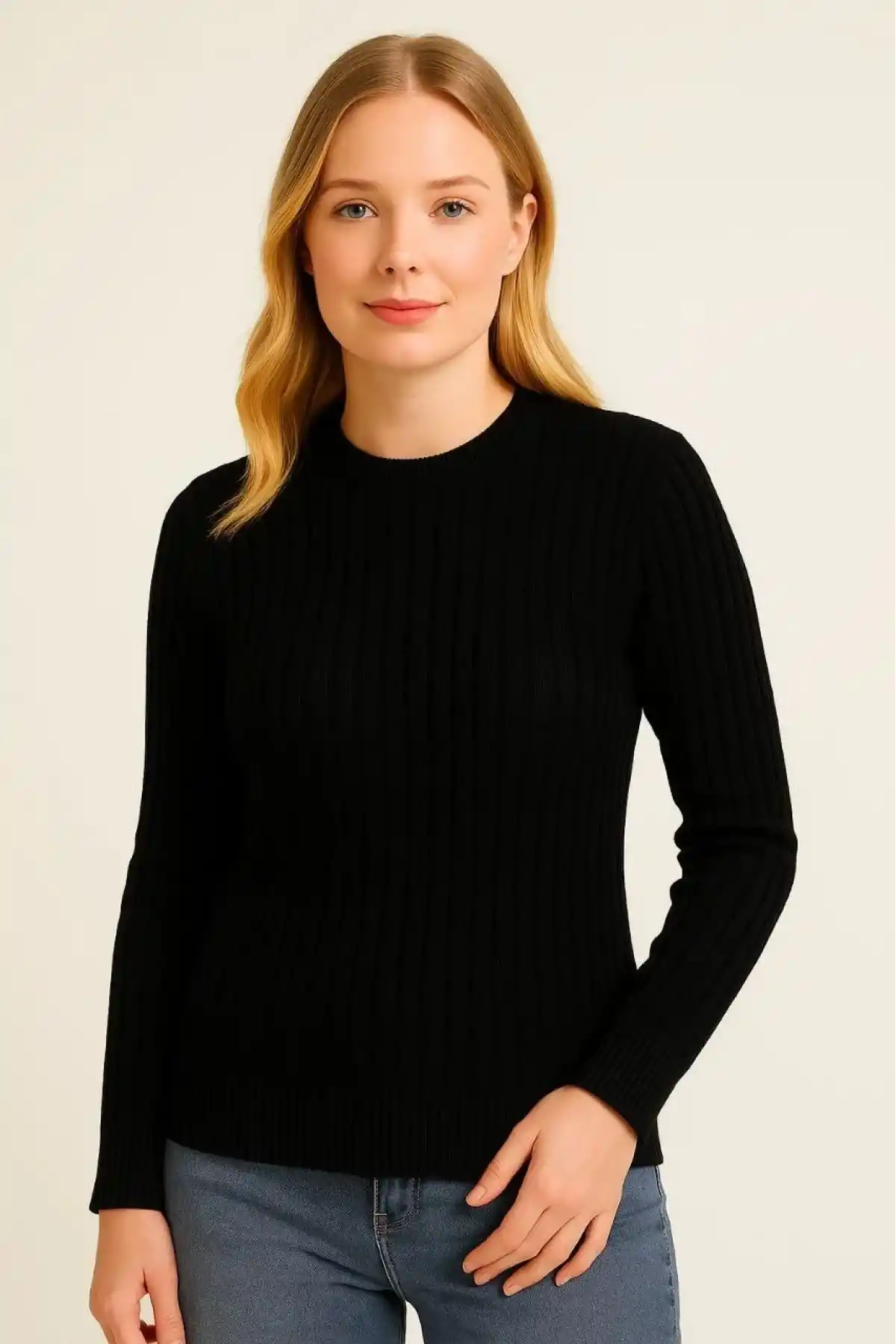 Kadın Bisiklet Yuvarlak Yaka Triko Kazak Pamuklu Kalın Fitilli Dokuma, Regular Fit Uzun Kollu Kışlık Model - Siyah